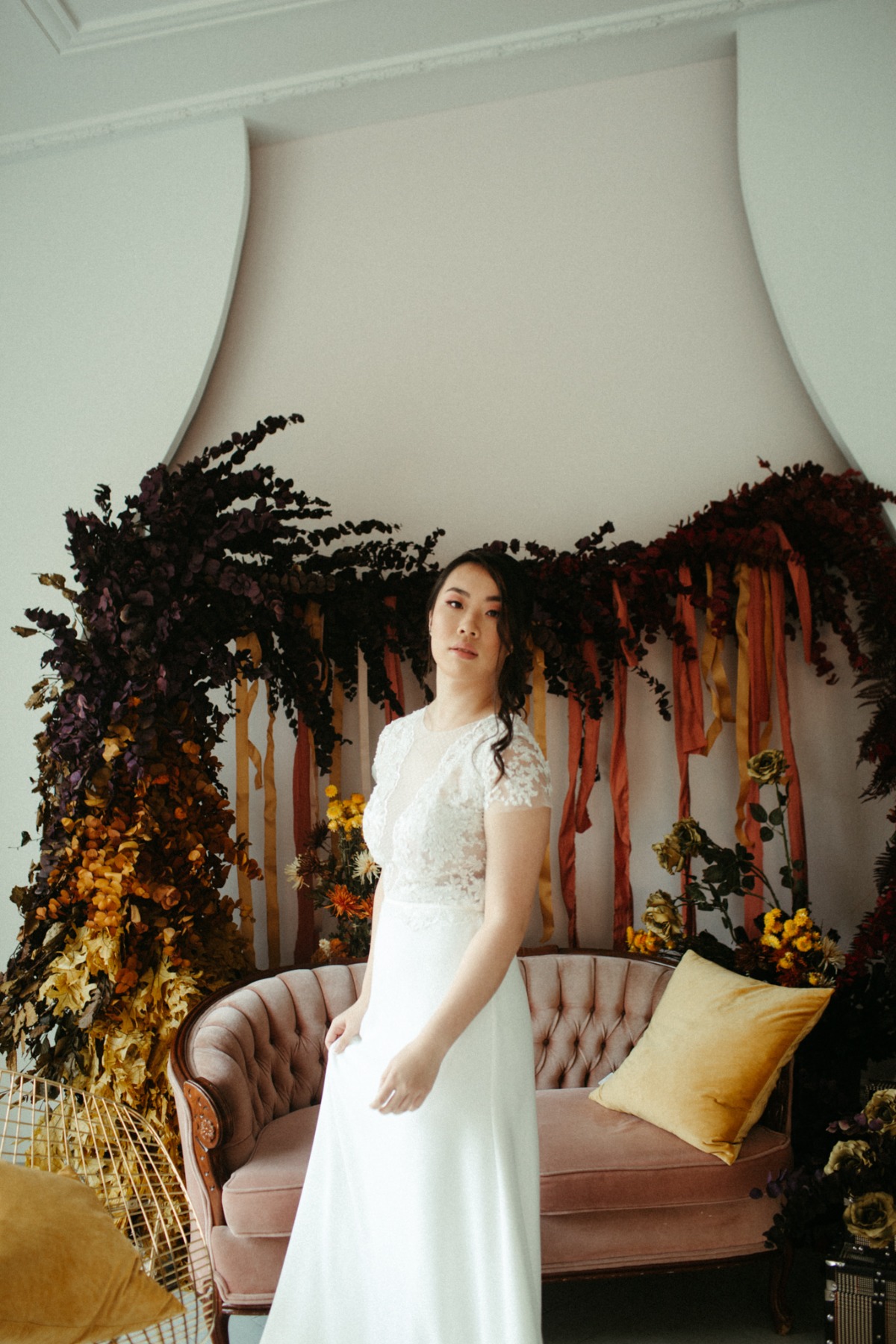 Clean and Natural Wedding Inspiration with Bold Florals & Velvet Couches