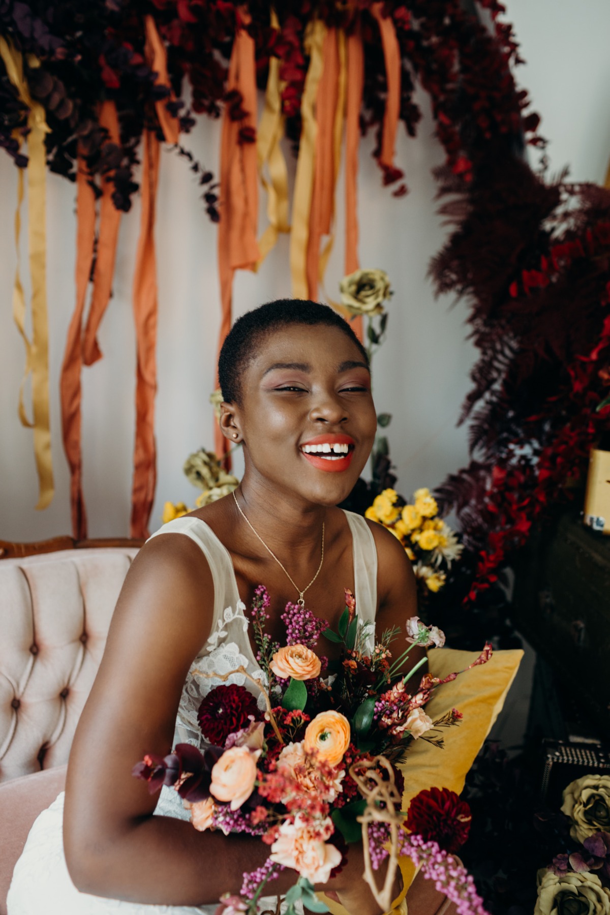 Clean and Natural Wedding Inspiration with Bold Florals & Velvet Couches