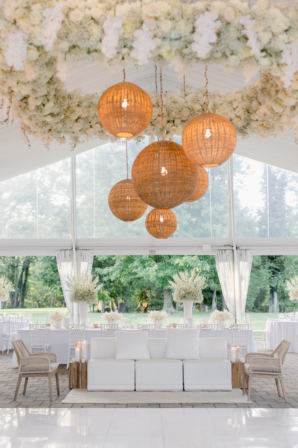 Reception area with rattan chandeliers