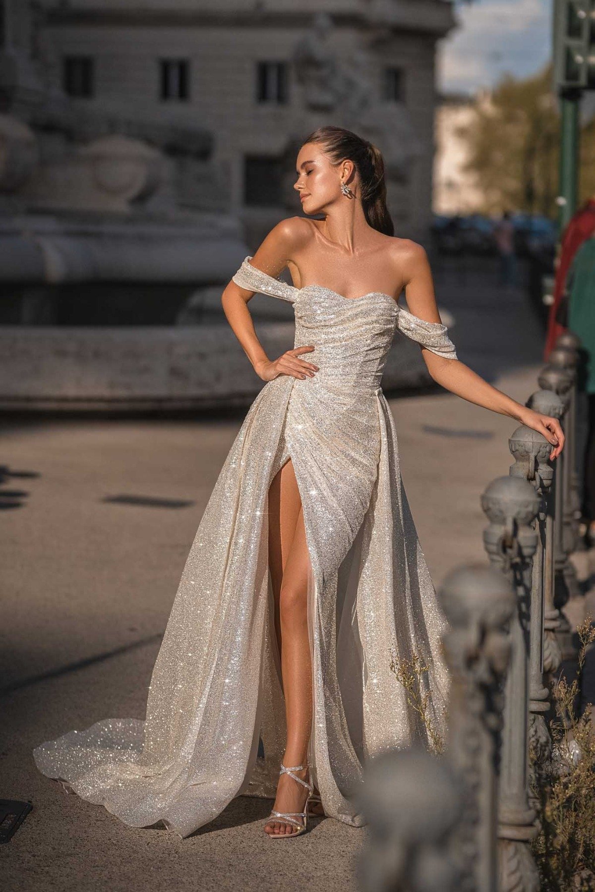 Off the shoulder sparkly silver wedding dress