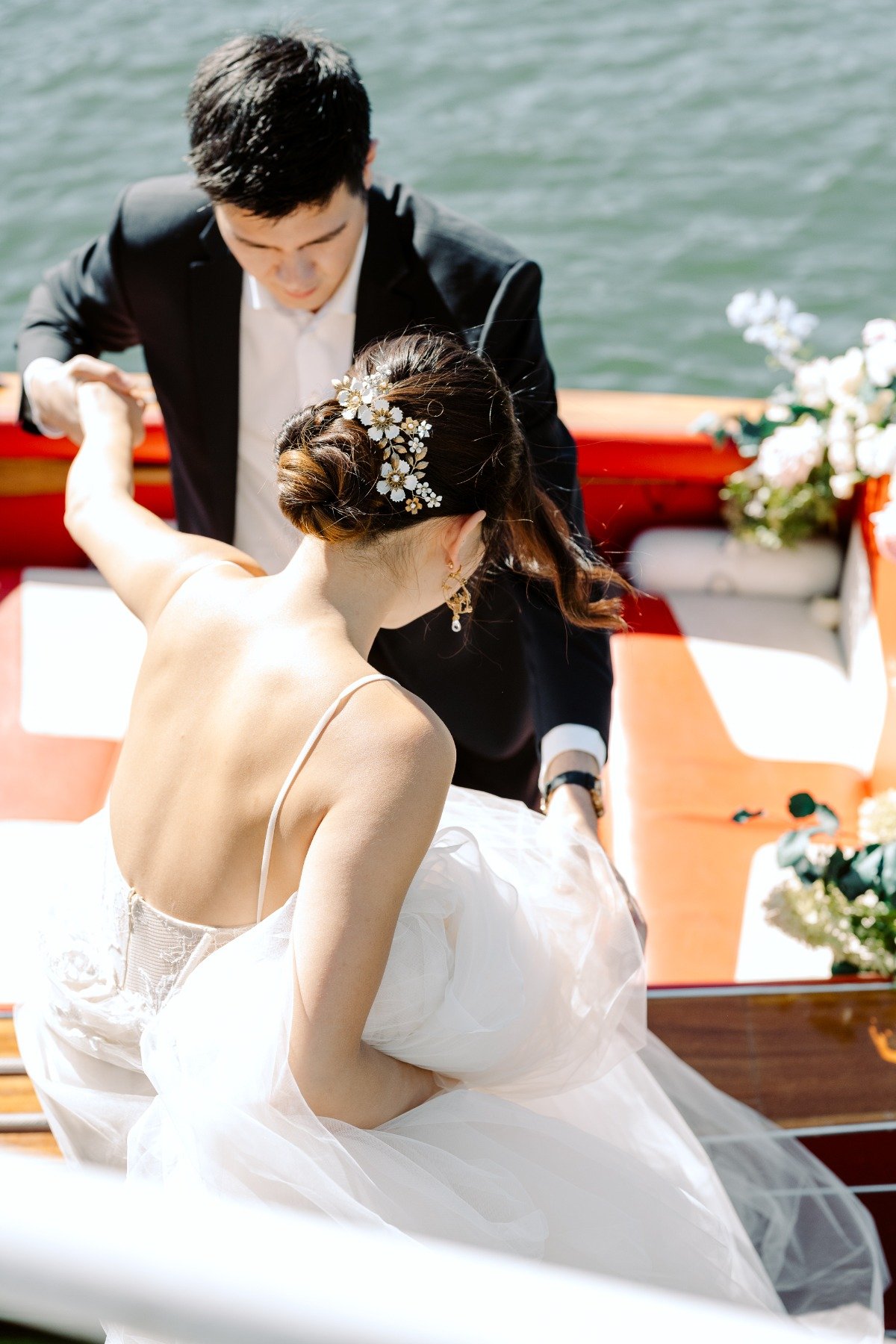 bride and groom on Parisian river boat cruise