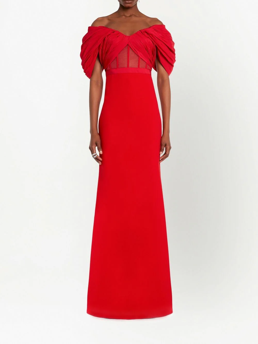 red off the shoulder draped gown with exposed corset