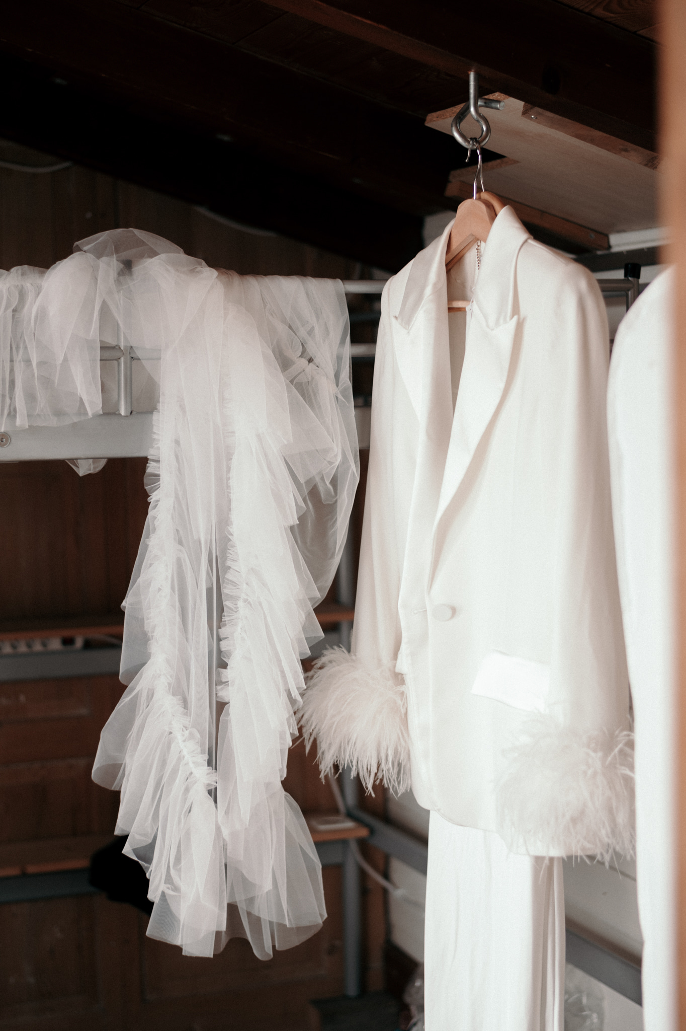 feather-trimmed wedding suit
