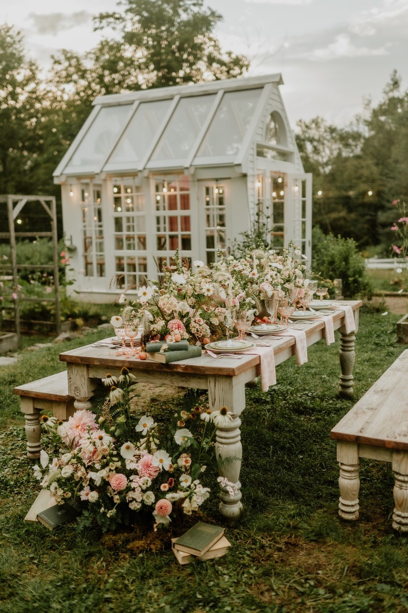 garden greenhouse wedding with blush flowers