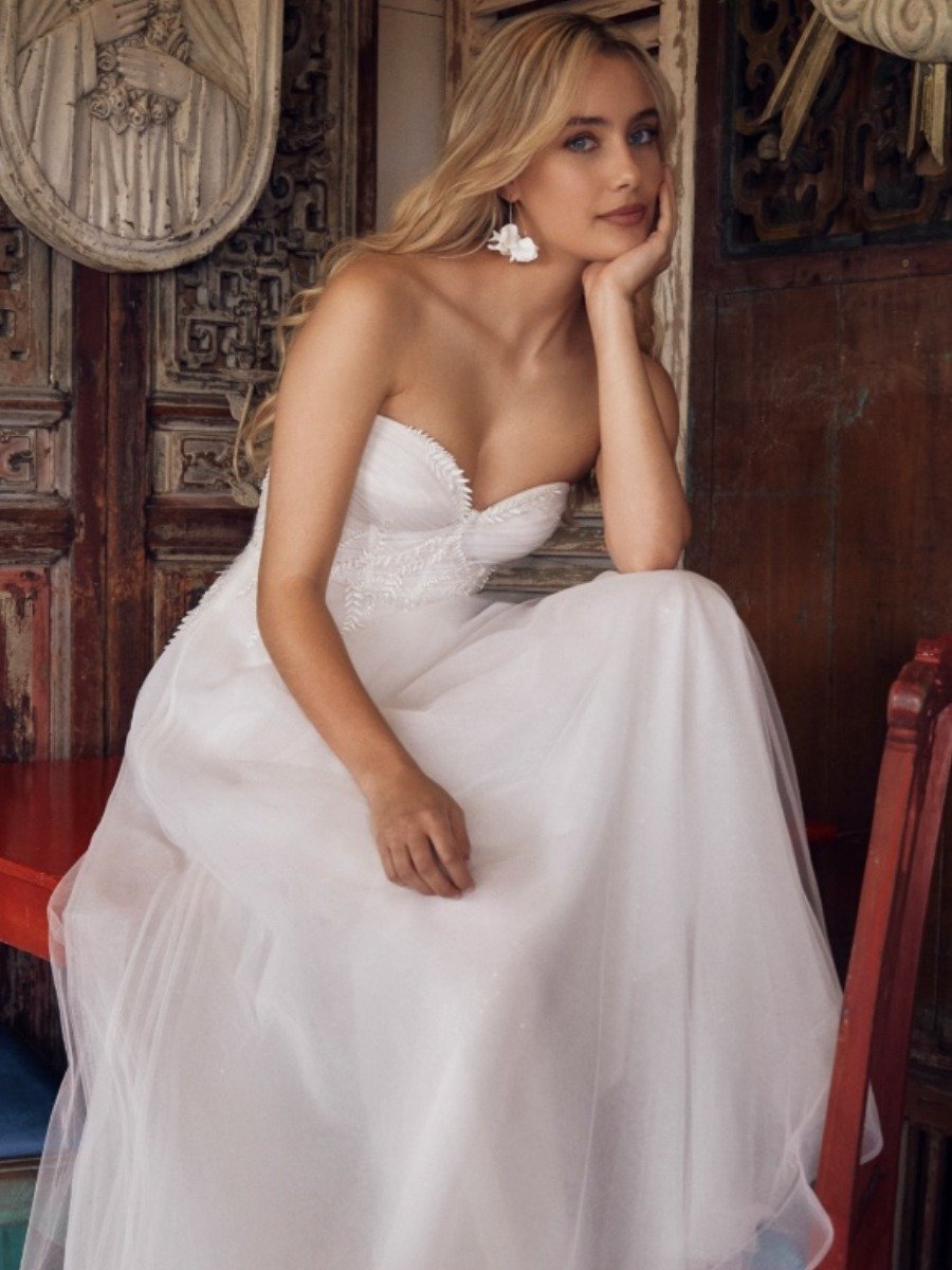 Luxurious white wedding dress on the girl's body. New collection of wedding  dresses. Morning Stock Photo by IvaFoto