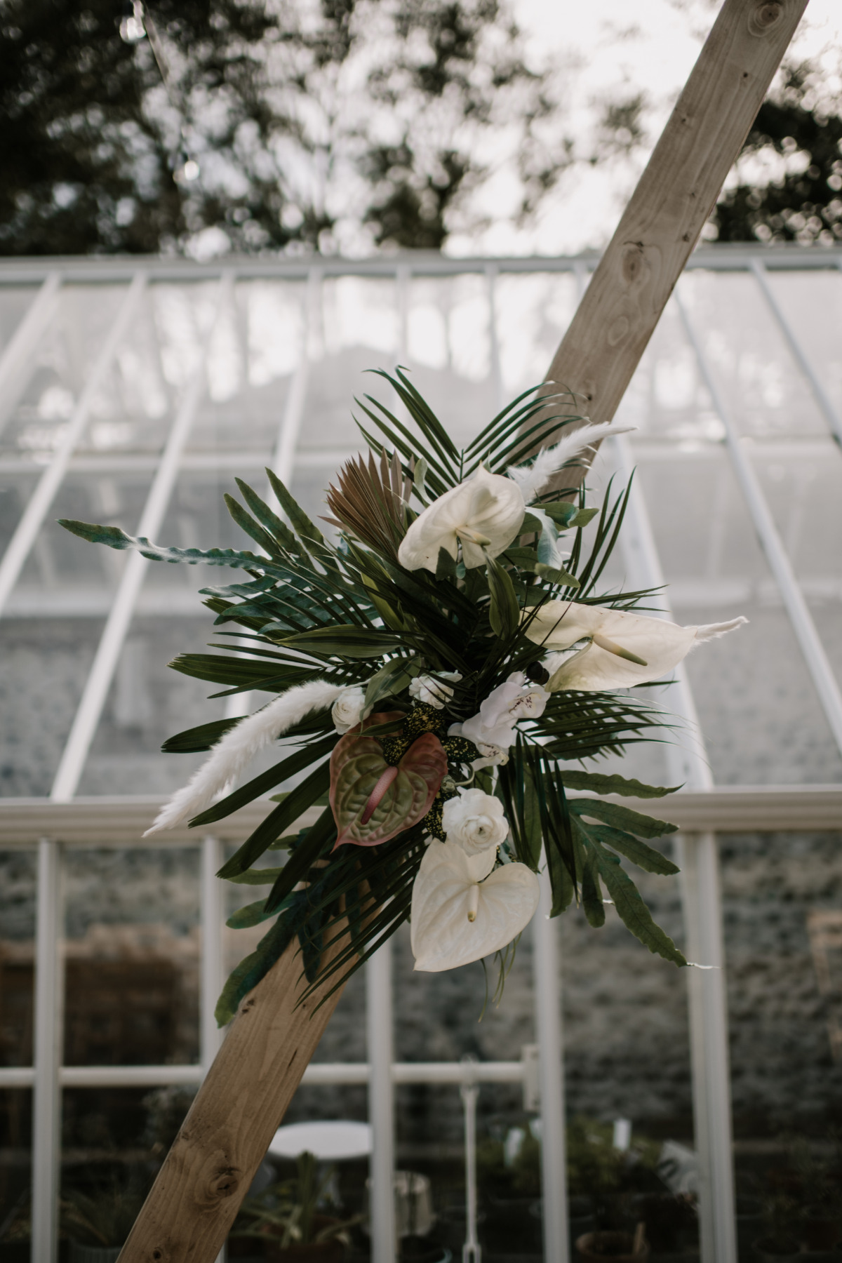 tropical wedding florals with white calla lillies