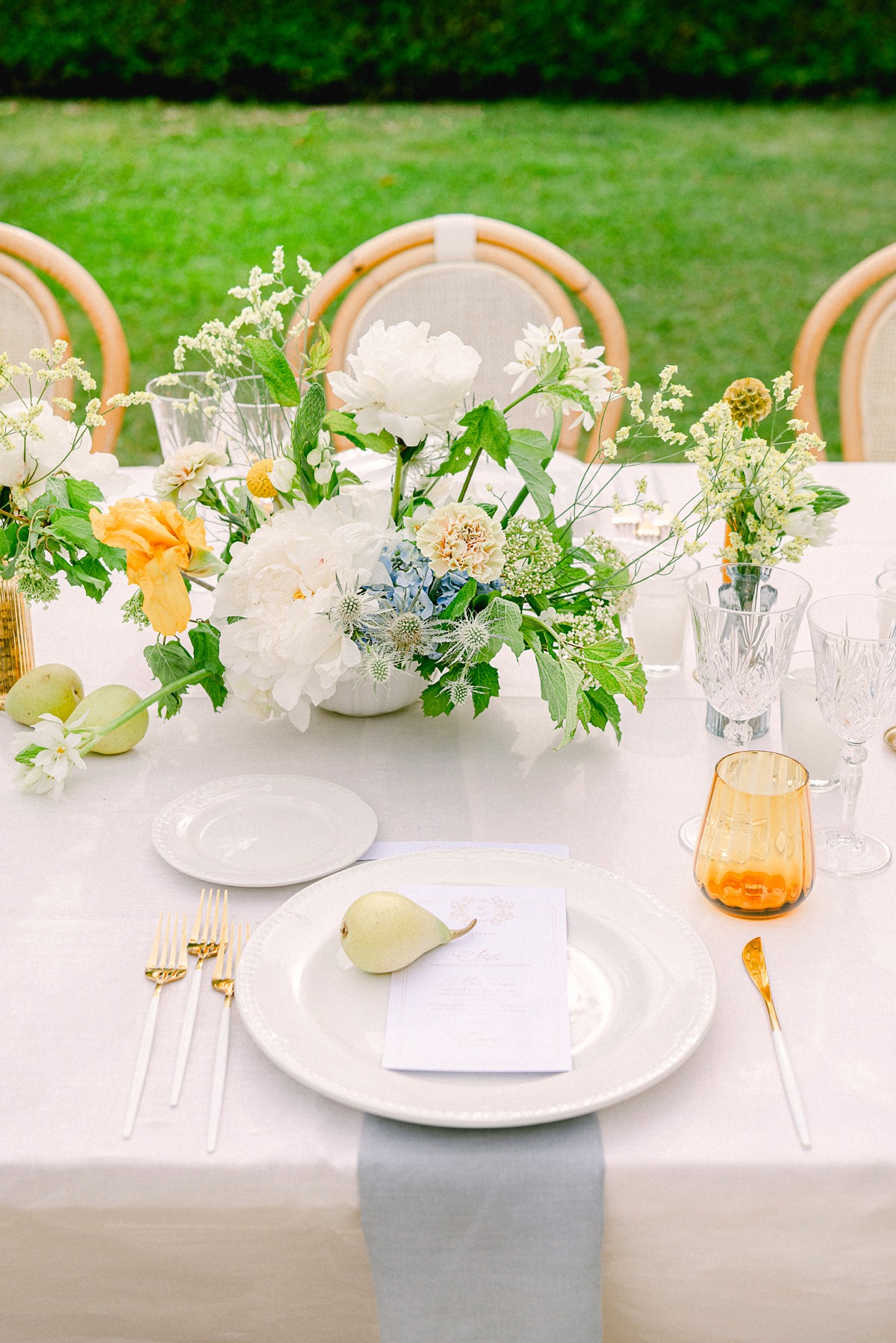 dusty blue and orange table settings