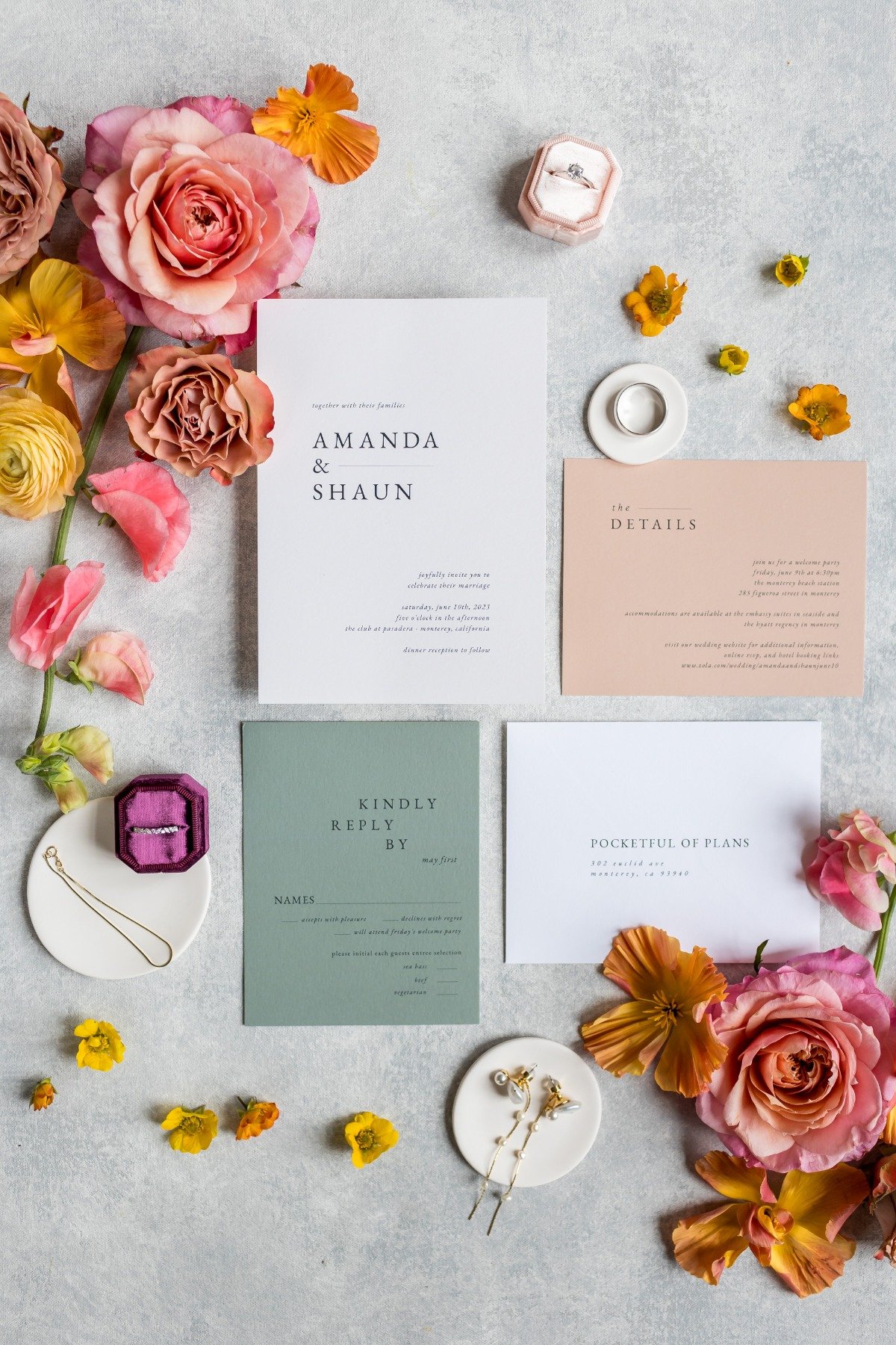 muted wedding invitation suite