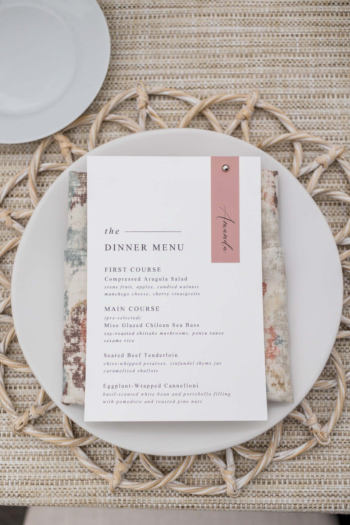 wedding menu with attached name card