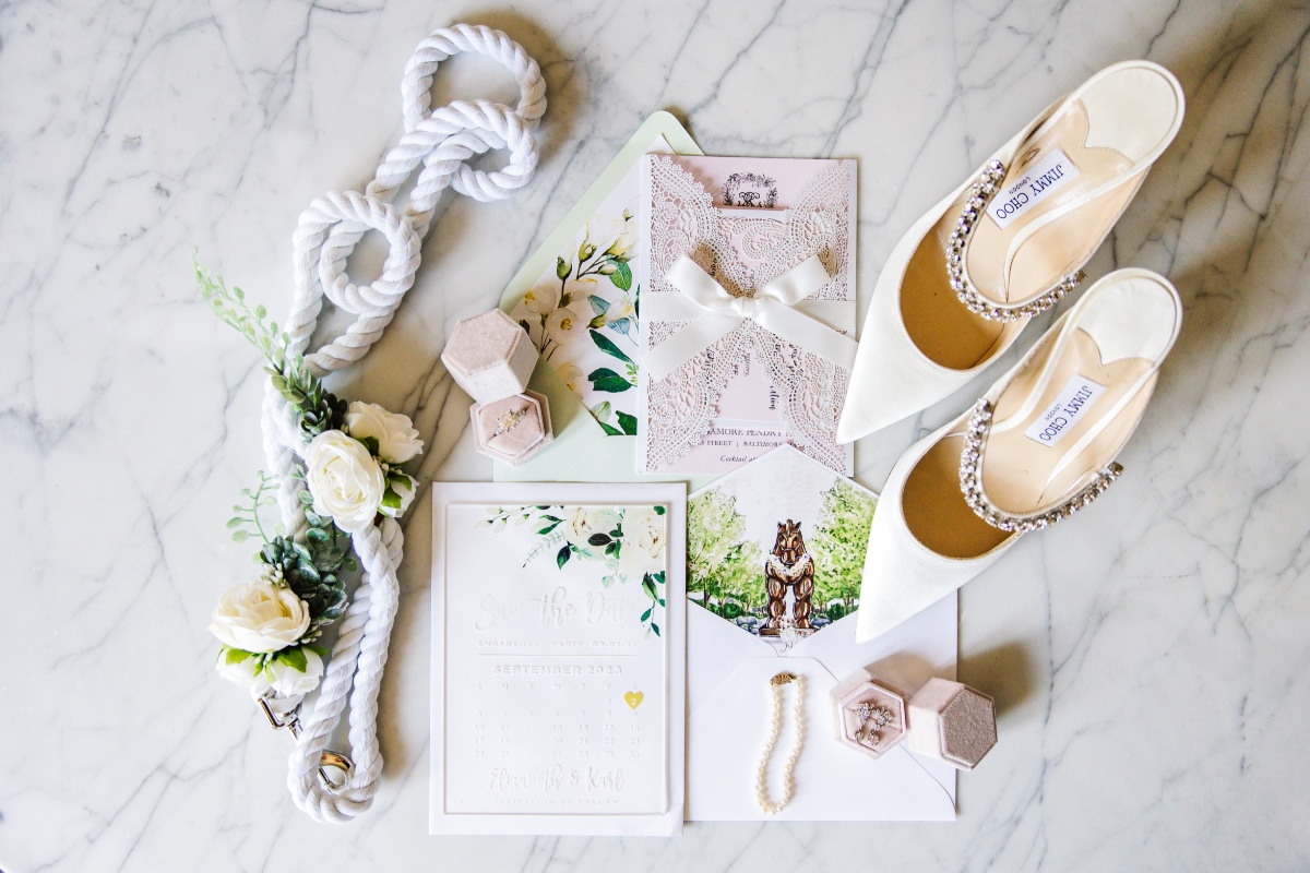jimmy choo wedding shoes with pastel invitations