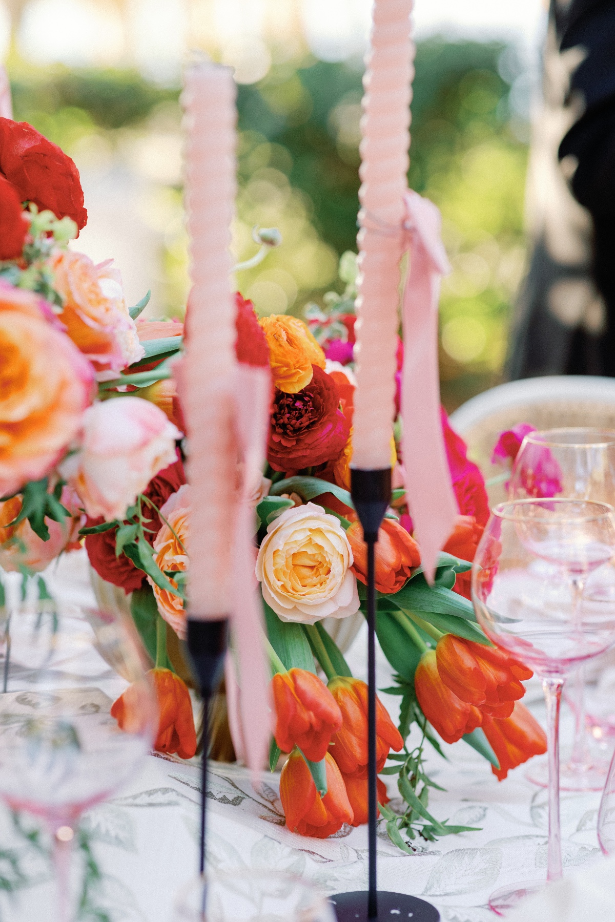 Twisted pink textured candles for bespoke floral reception 