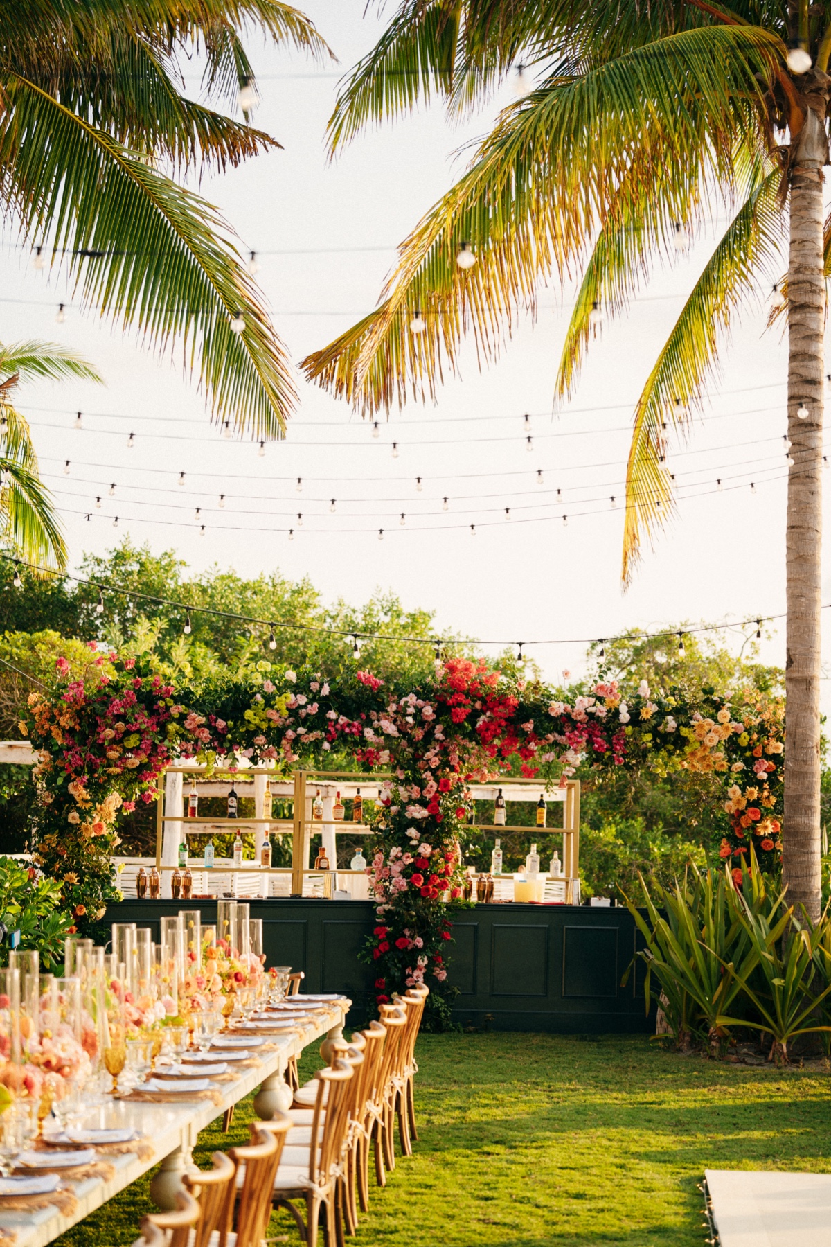 floral installation for wedding bar