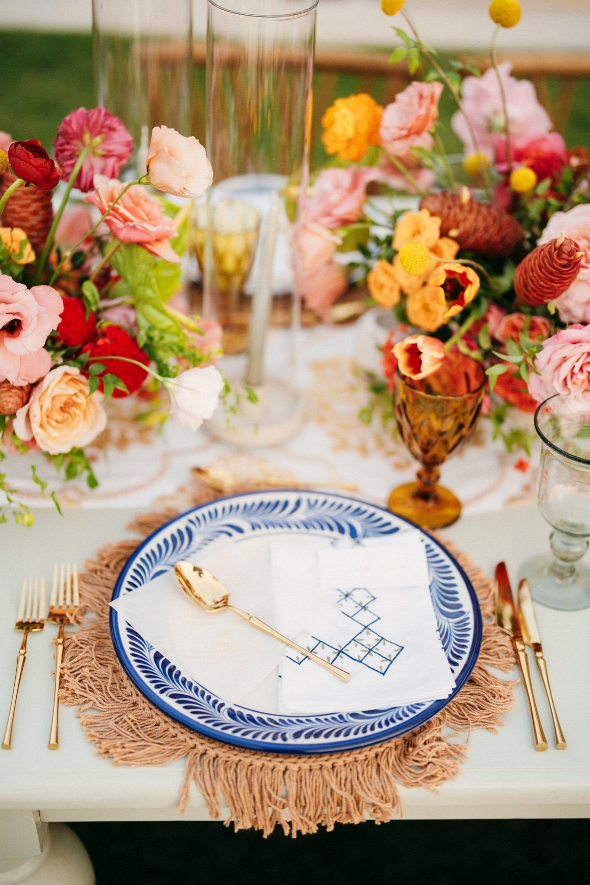 blue and white place settings