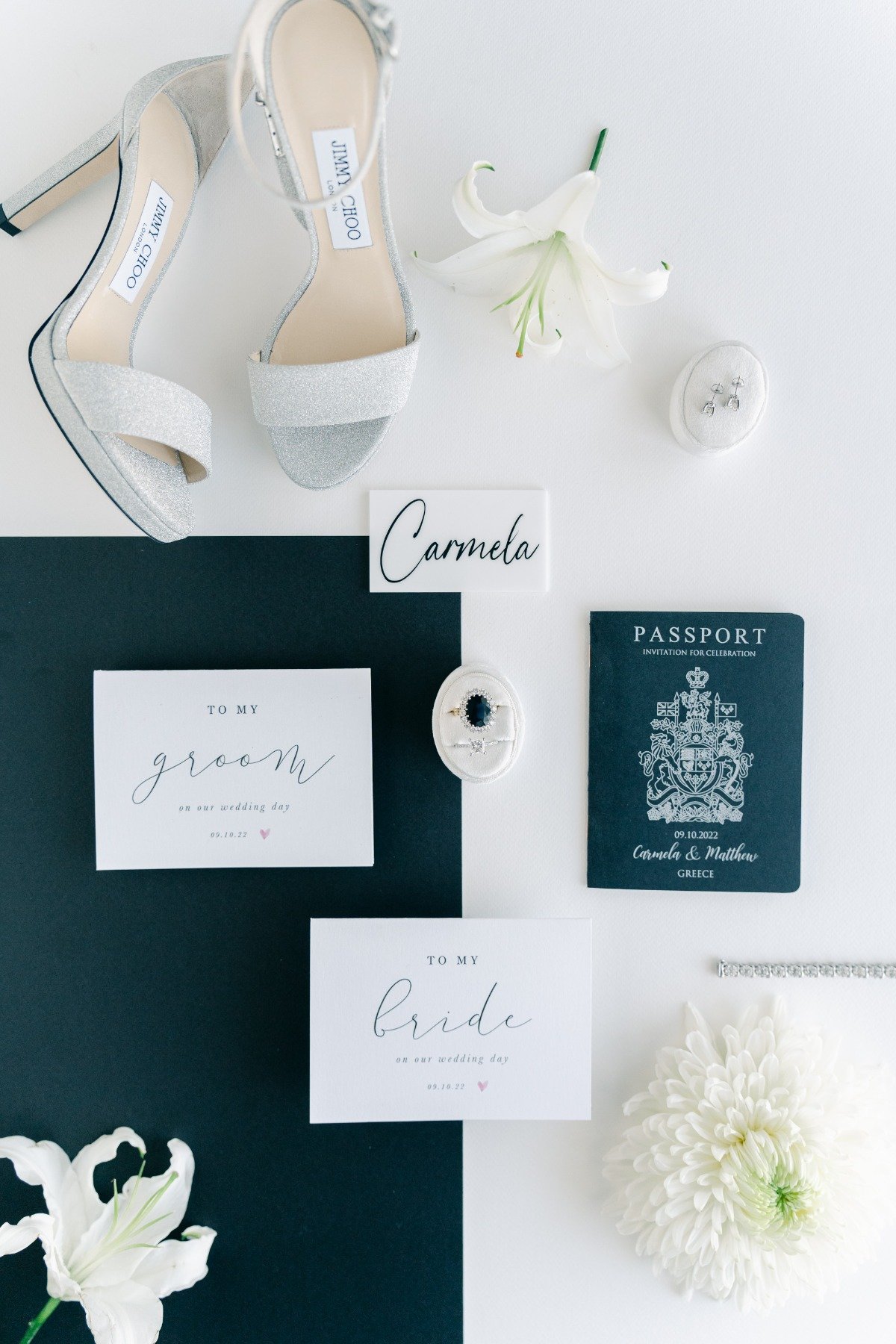 Modern black and white and silver wedding details and accessories