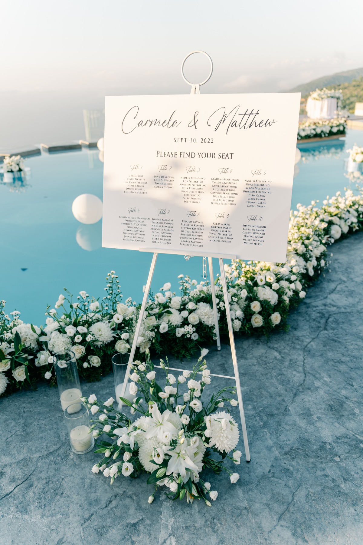 Luxurious white wedding floral design in Greek Islands 