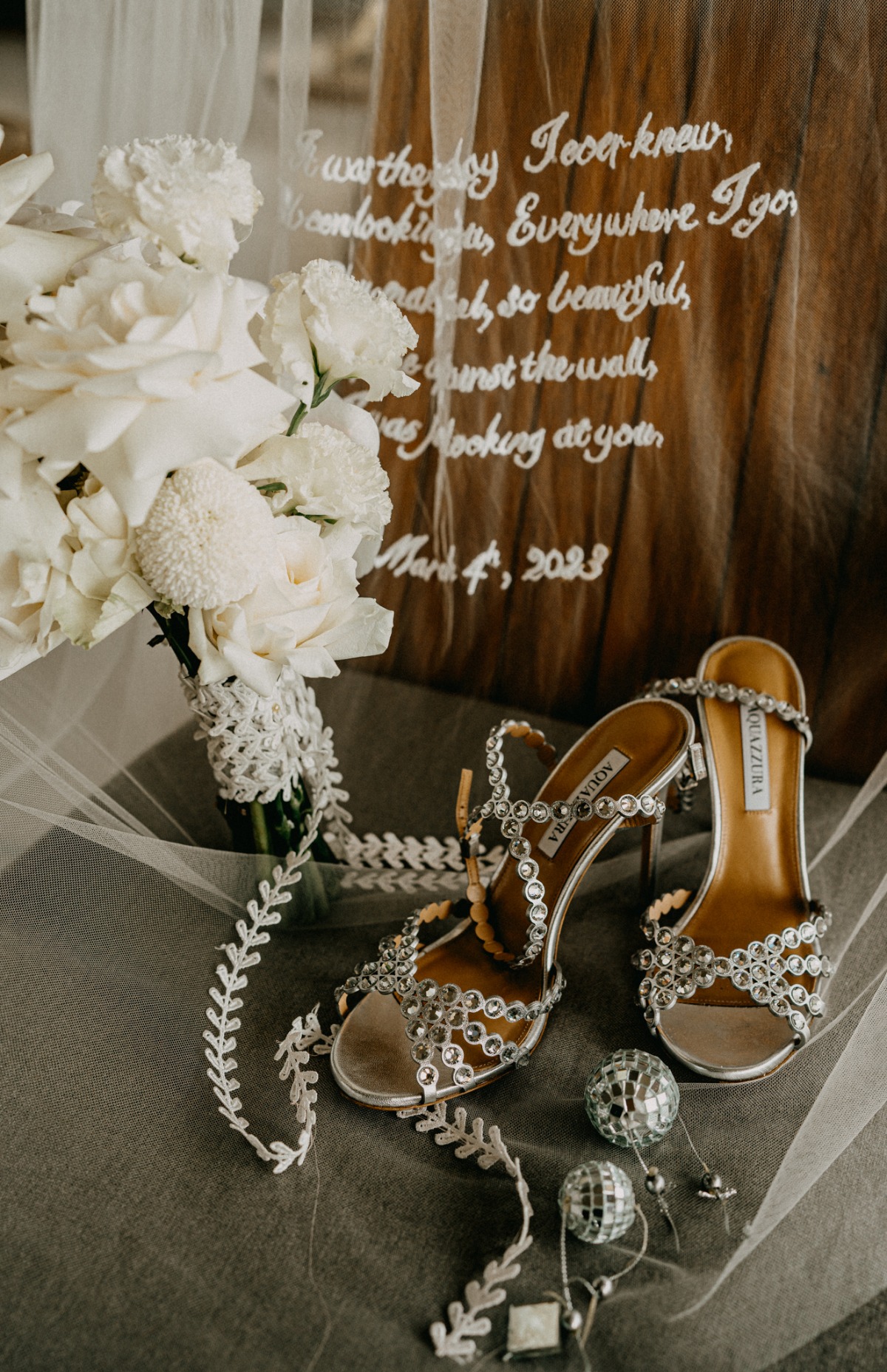 custom embroidered veil and silver wedding shoes