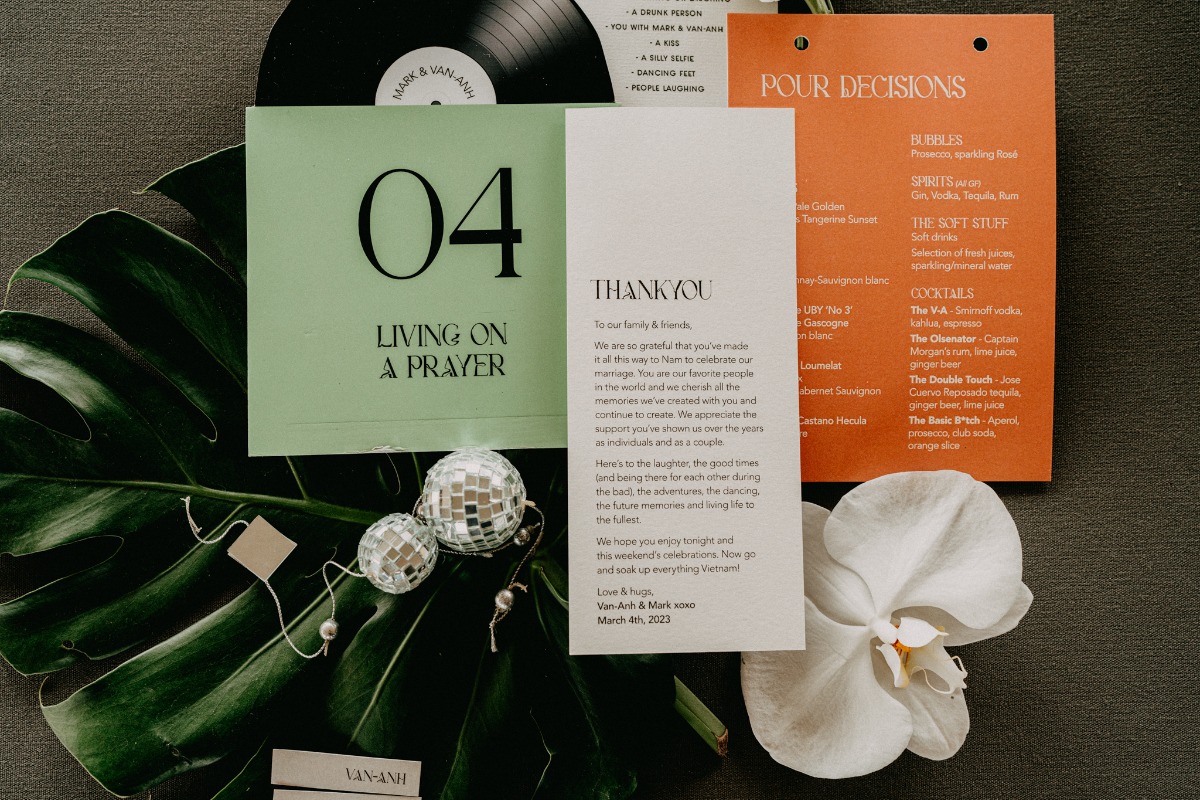 green orange and ivory music themed wedding invitations