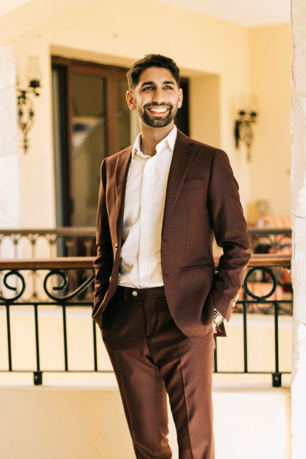 Destination groom outfit ideas for chocolate brown suits