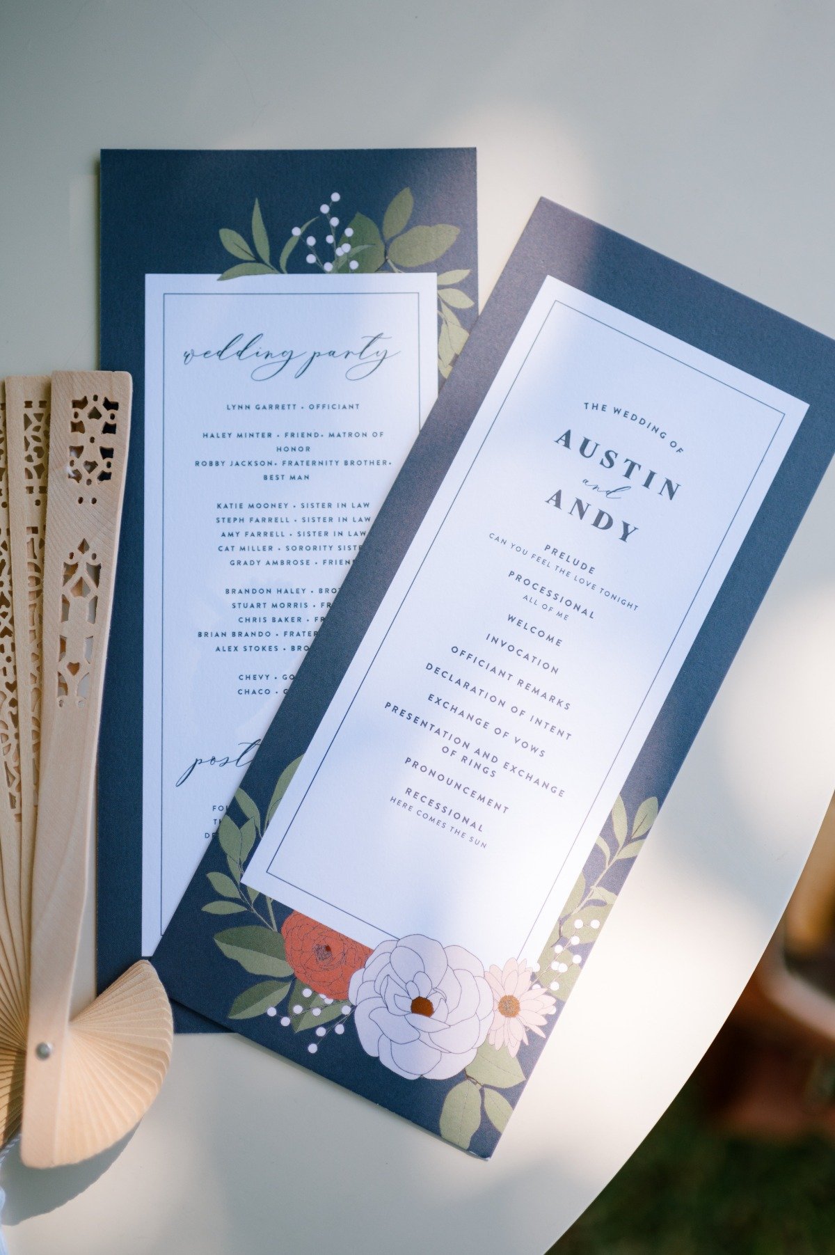 Modern colorful blue and white floral wedding programs 