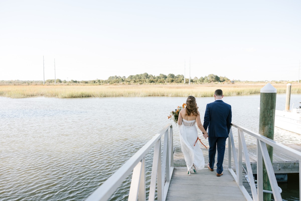 Savannah lakeside wedding ceremony with metal dock 