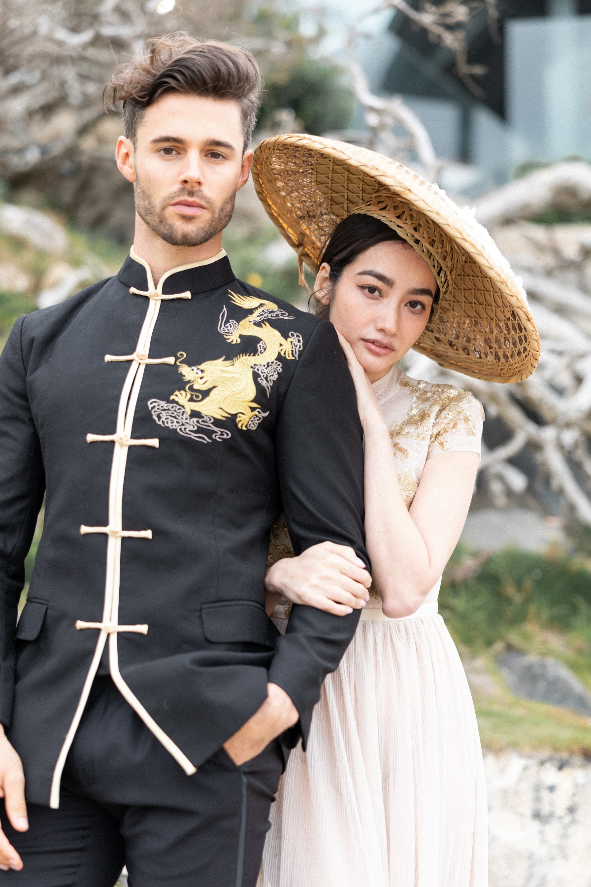 Bride and groom blending American and Chinese cultures