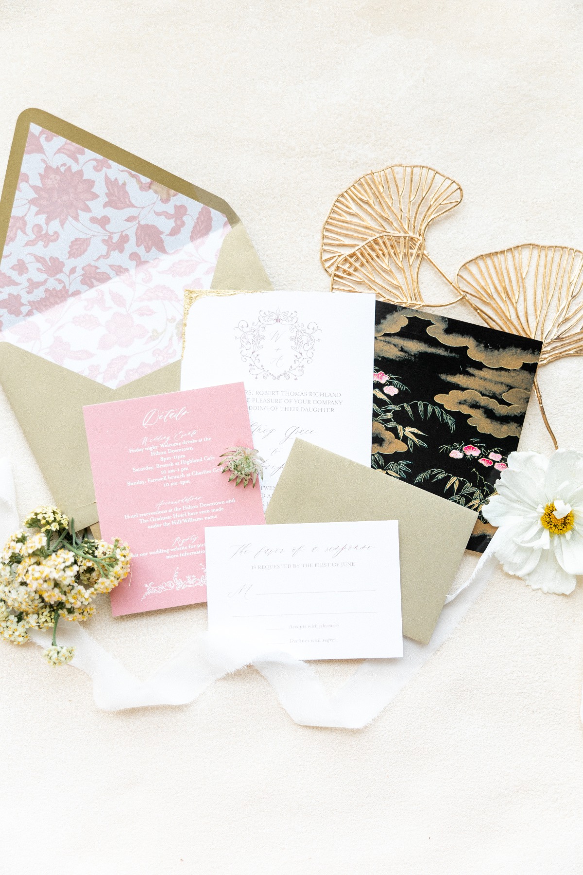 East meets West themed wedding invitation suite in olive