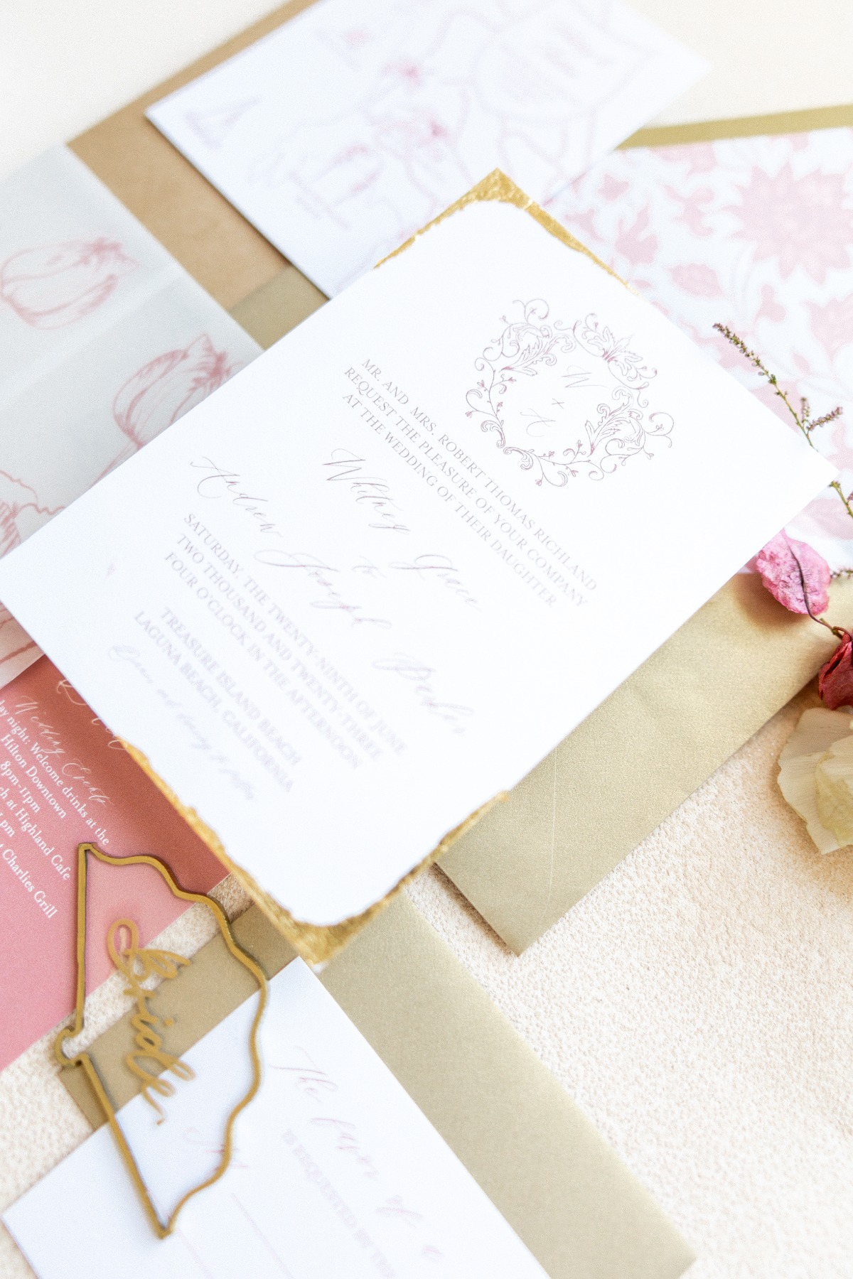 Details of elegant formal style wedding invitation suite