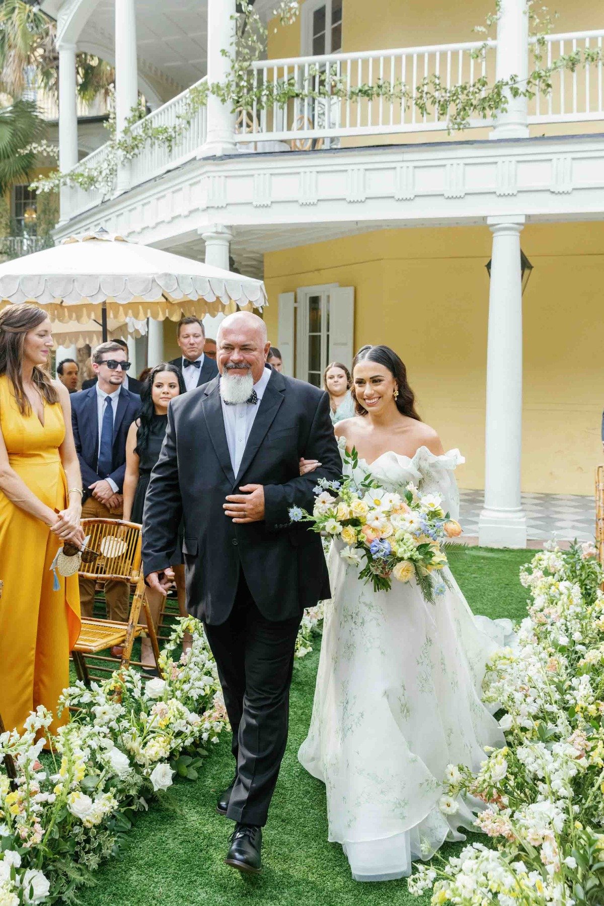 Elegant bride wearing modern floral wedding dress for ceremony