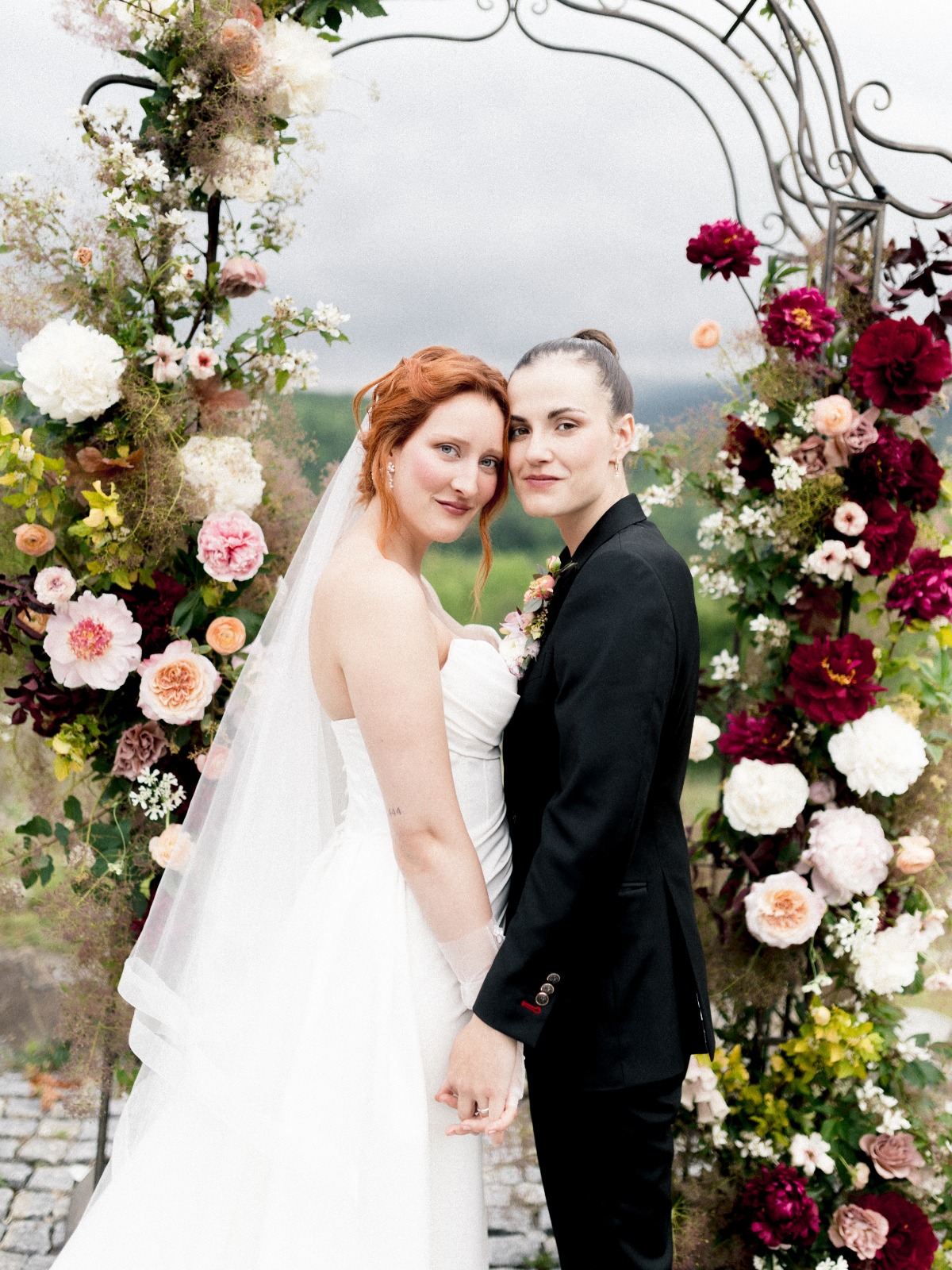 white pink and raspberry floral installation