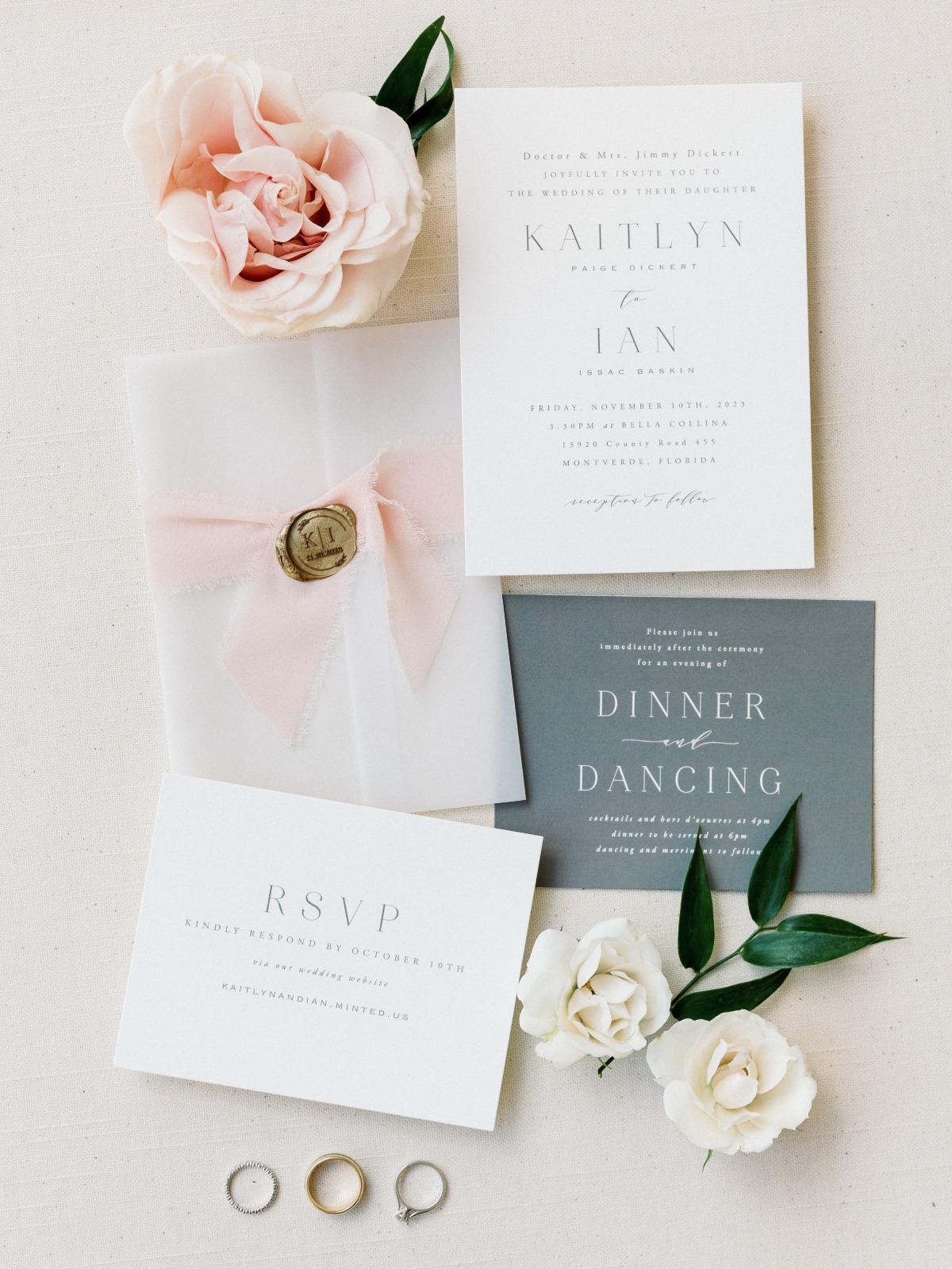 Elegant ivory and black script wedding invitation suite 