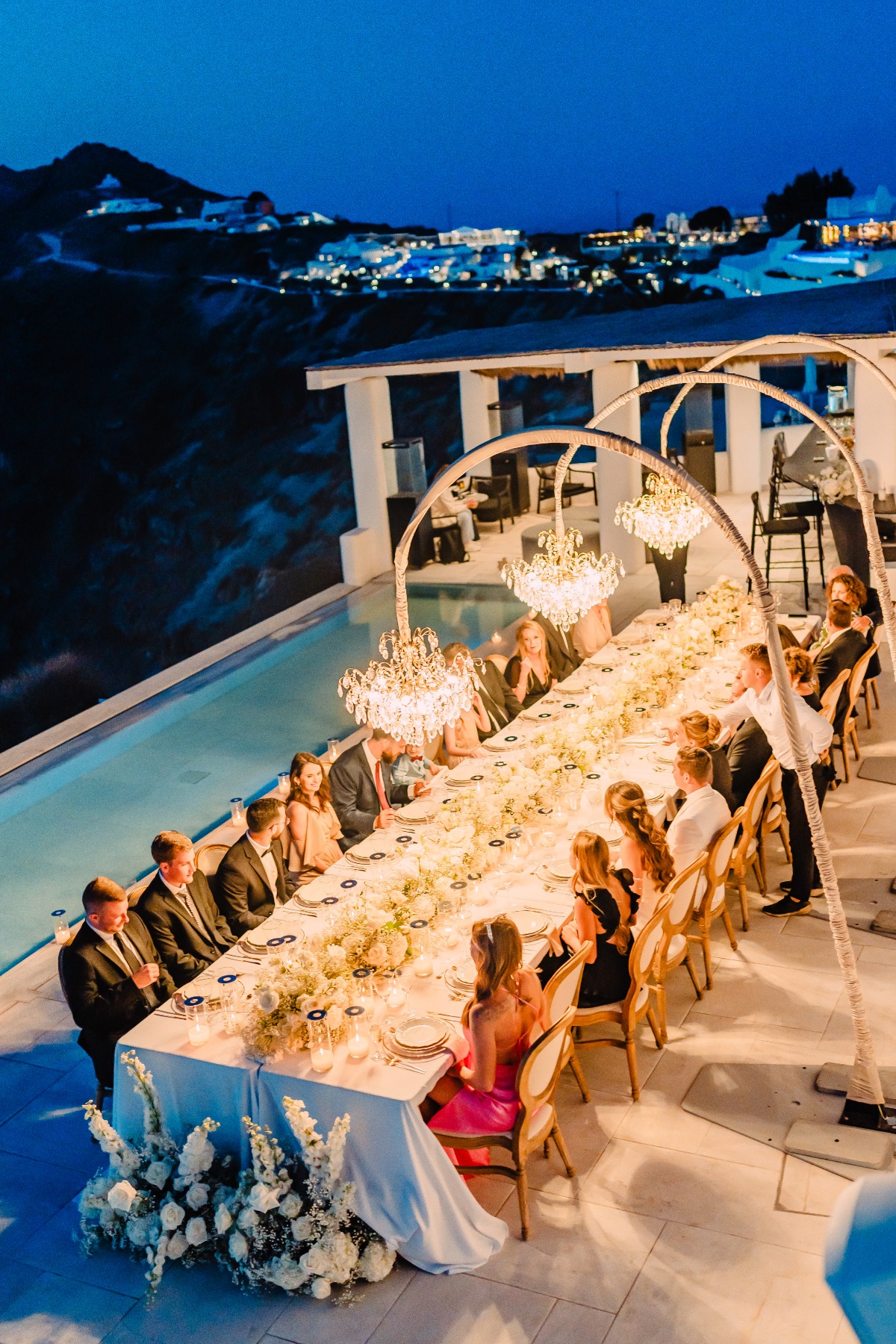 nighttime Santorini wedding reception