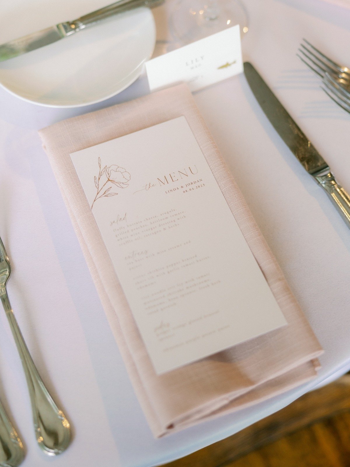 custom minimalist printed menu for wedding reception