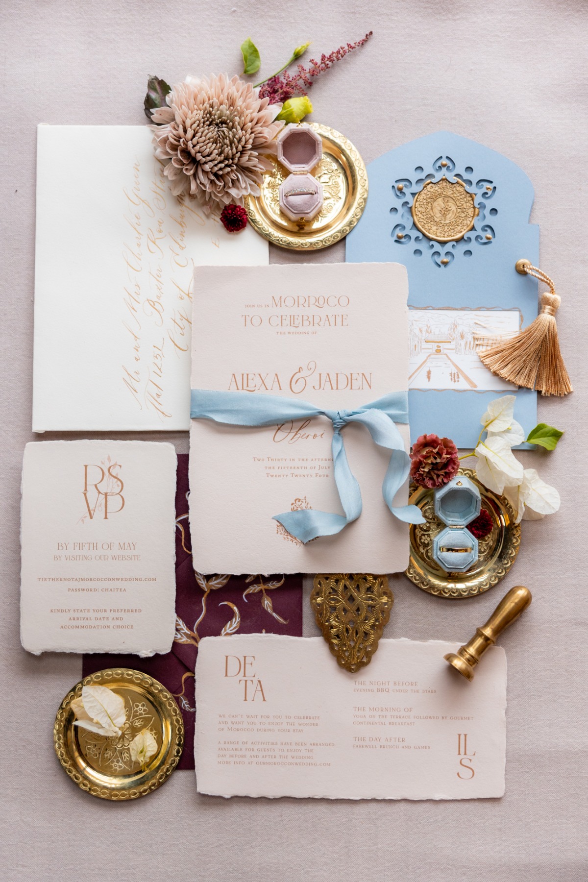 gold blue and cream wedding invitations