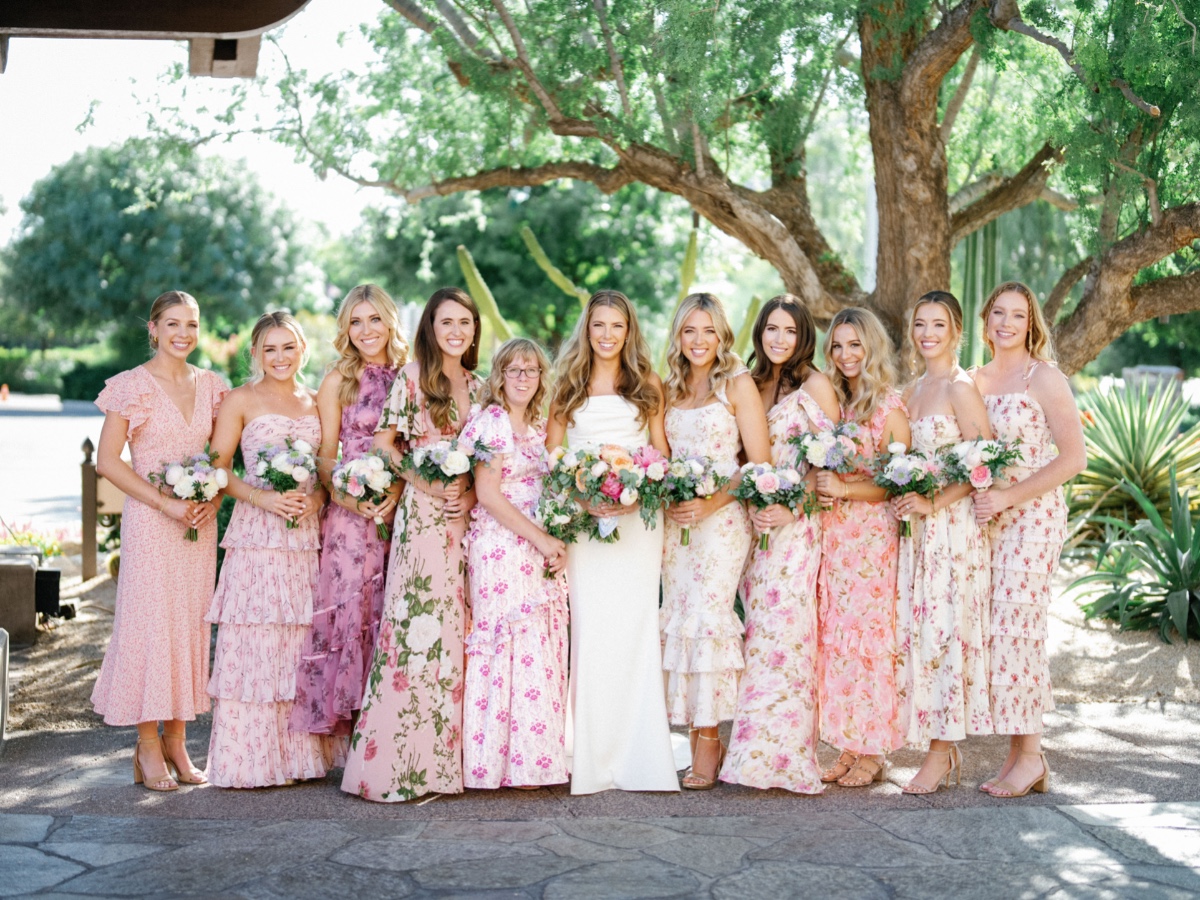 mix and match pink floral bridesmaid dresses