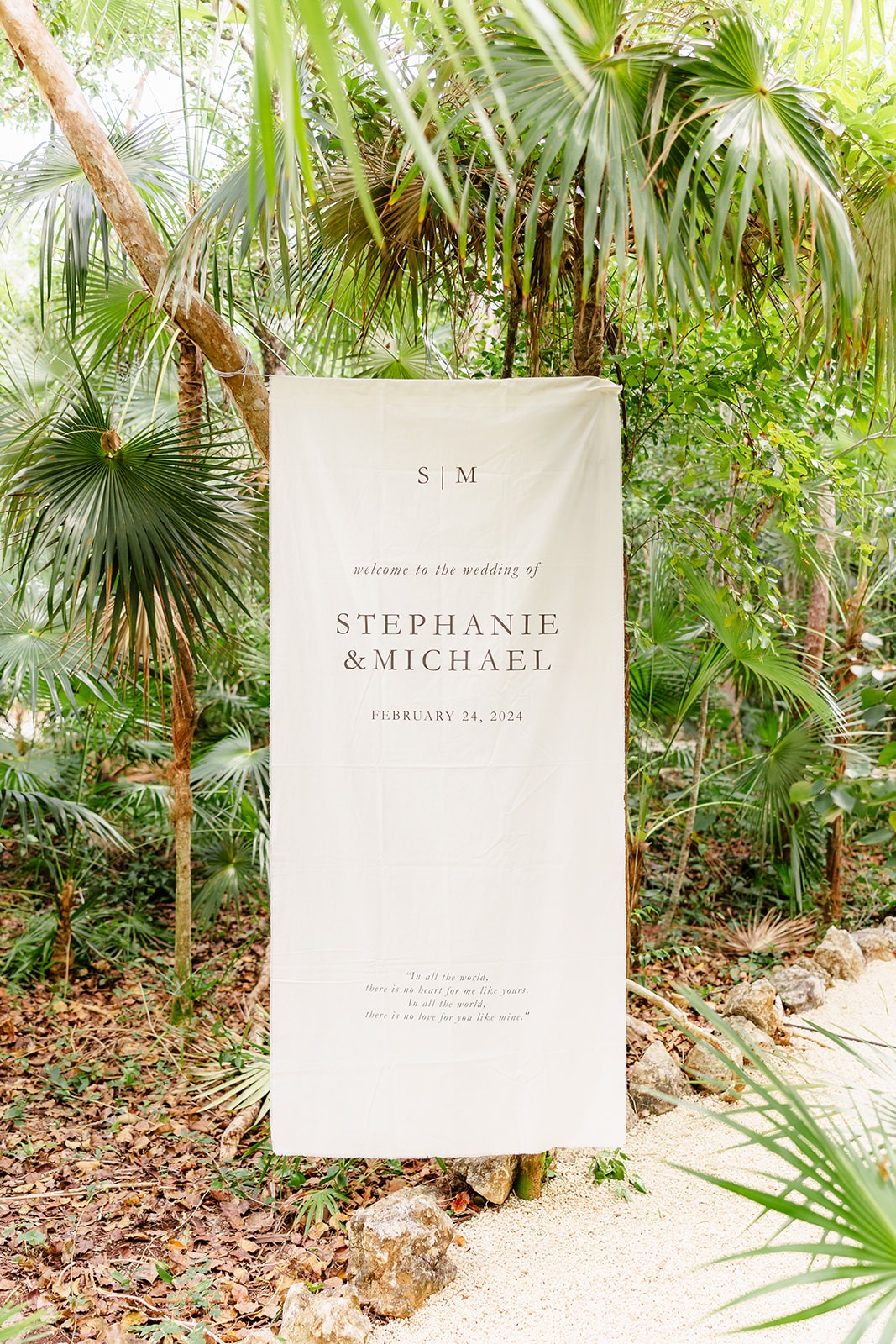 Modern and minimalist hanging linen wedding welcome sign 