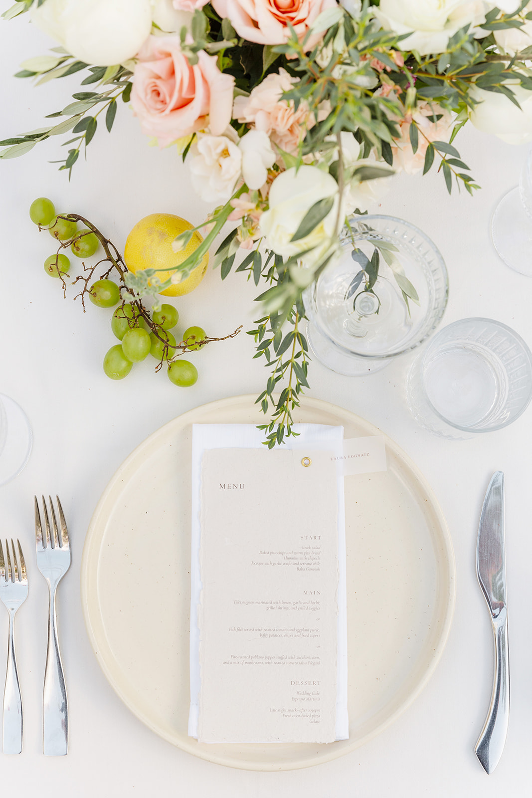 Modern, Tuscan inspired wedding reception tablescape