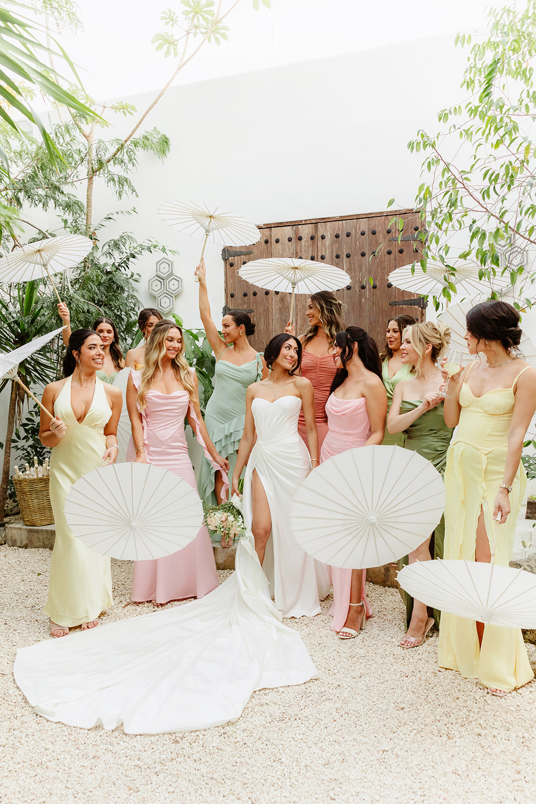 Chic and stylish pastel rainbow bridesmaid dresses 