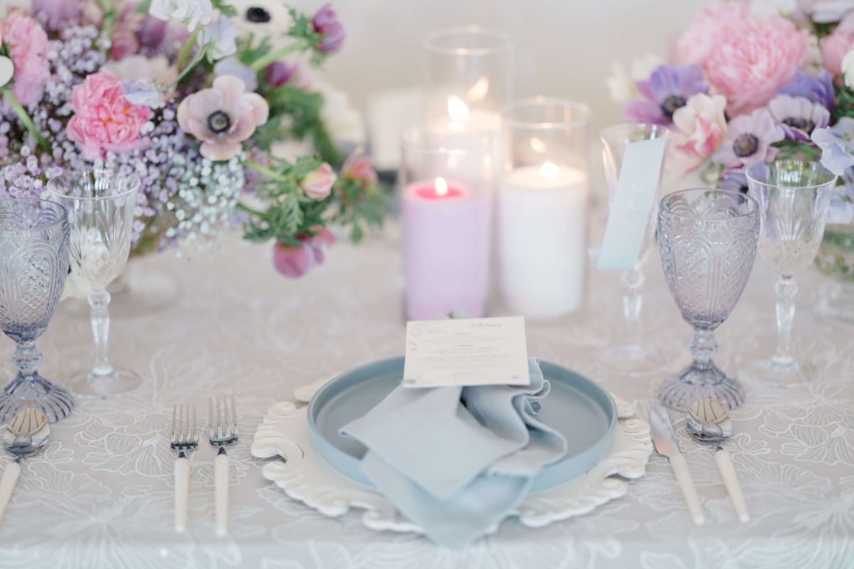 blue and white place settings