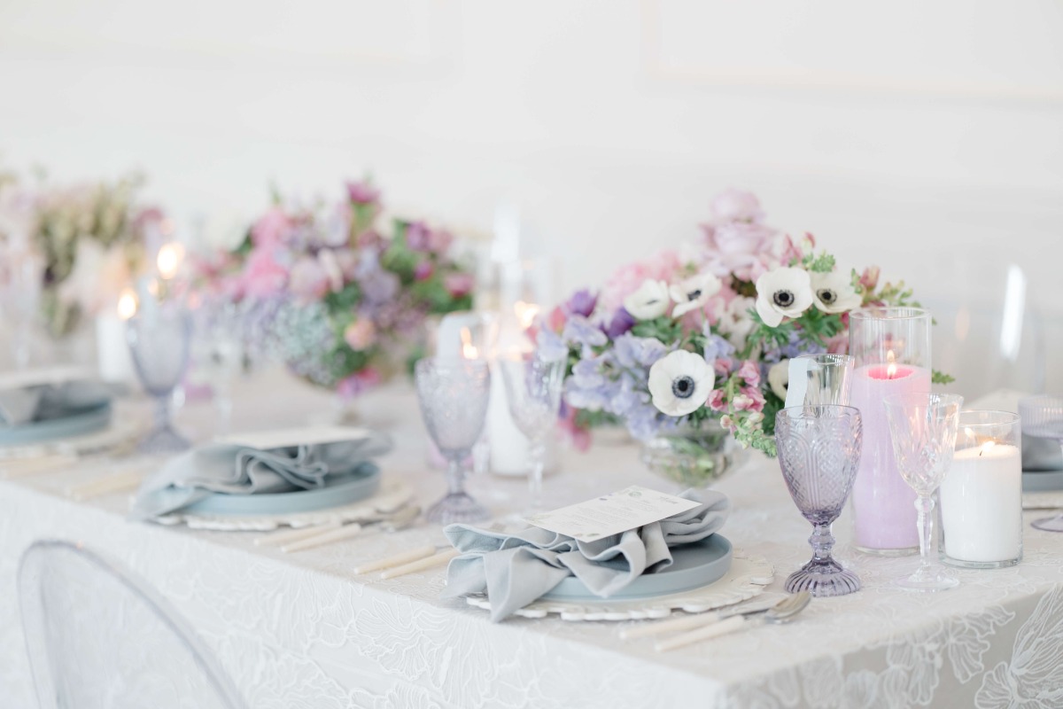 blue pink and purple centerpieces