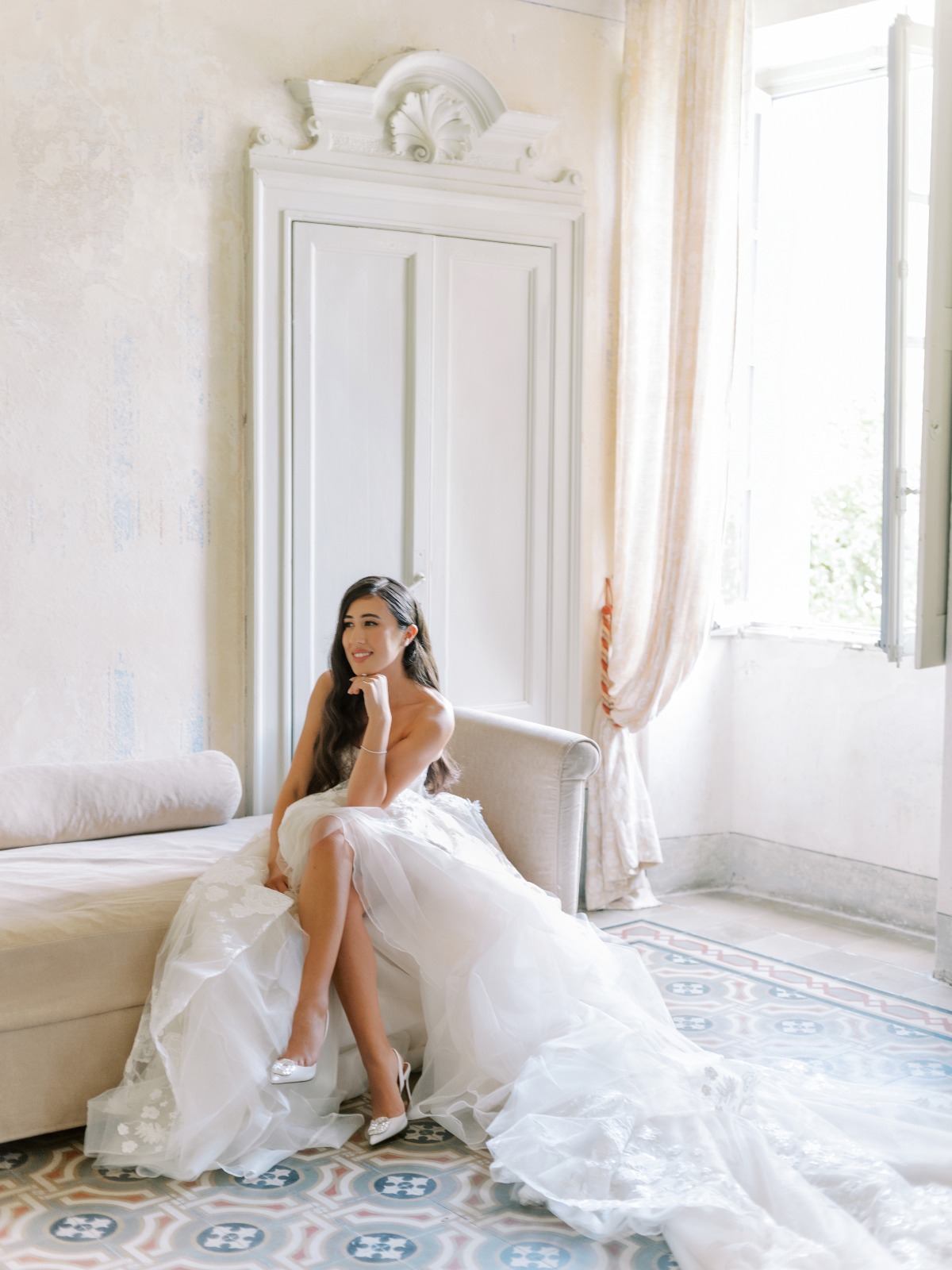 bride in villa dressing room in Berta wedding gown