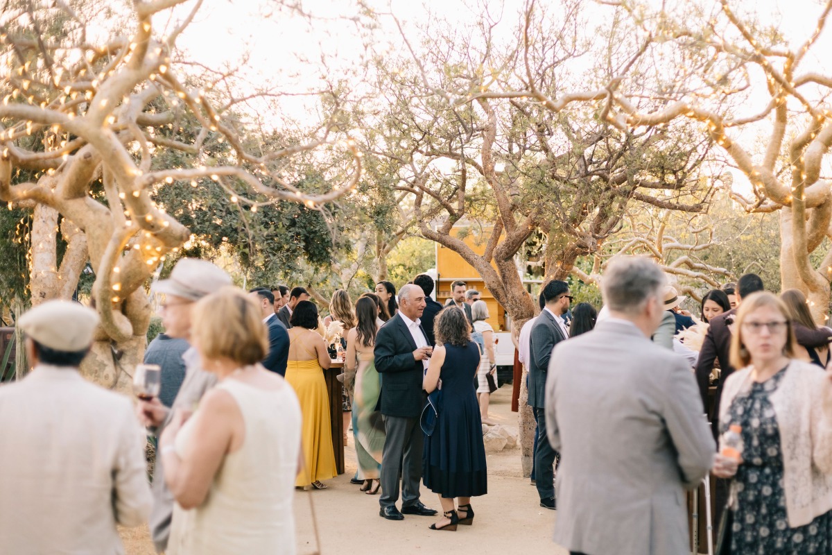 Vibrant and fun wedding cocktail hour under string lights