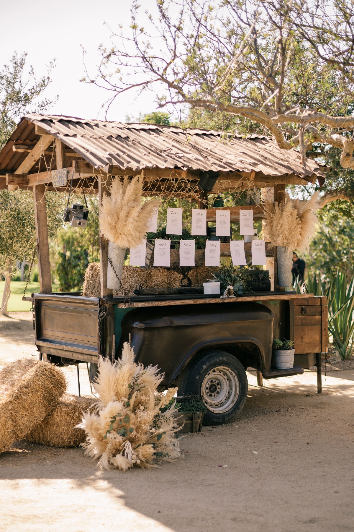 Custom pampas grass boho seating chart on vintage truck 