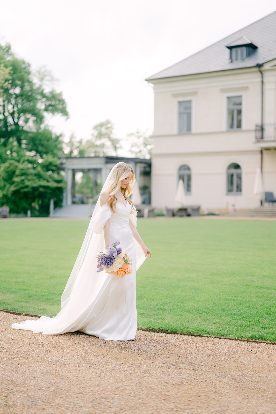 draping off the shoulder wedding dress