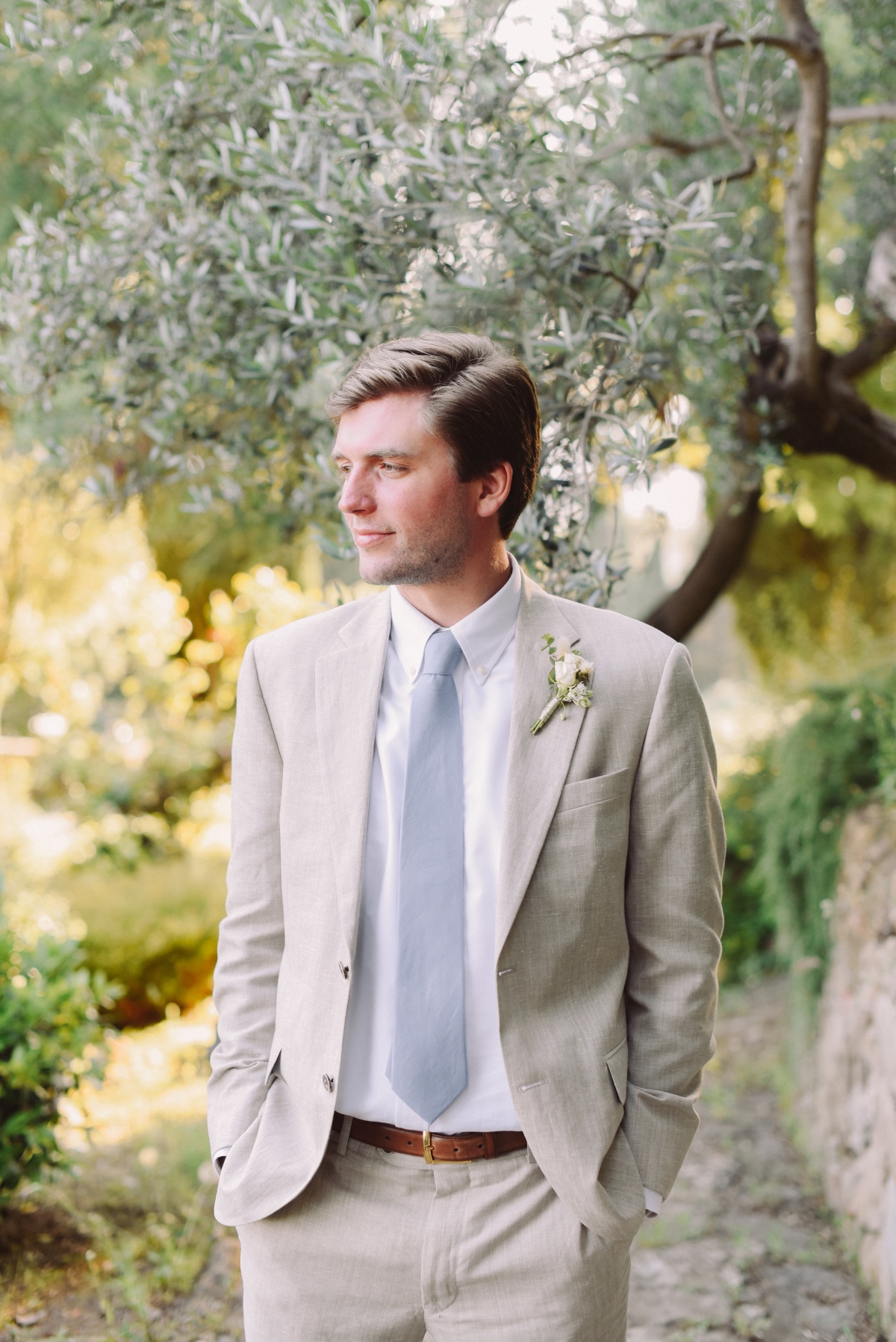 cream and light blue groom look