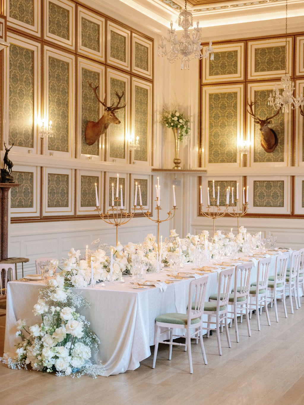 white rose and baby's breath tablerunner centerpiece