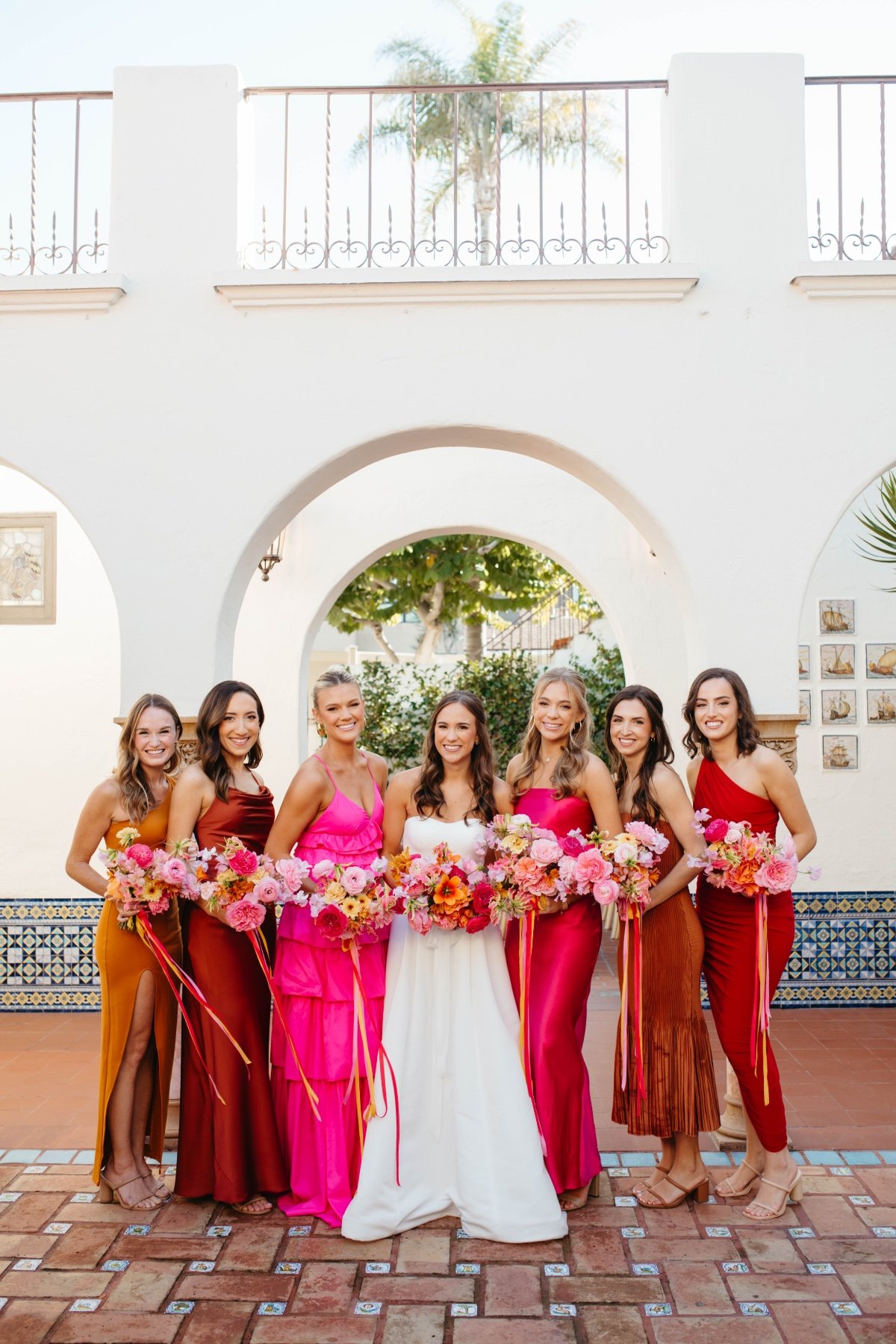 mix and match pink and orange bridesmaid dresses