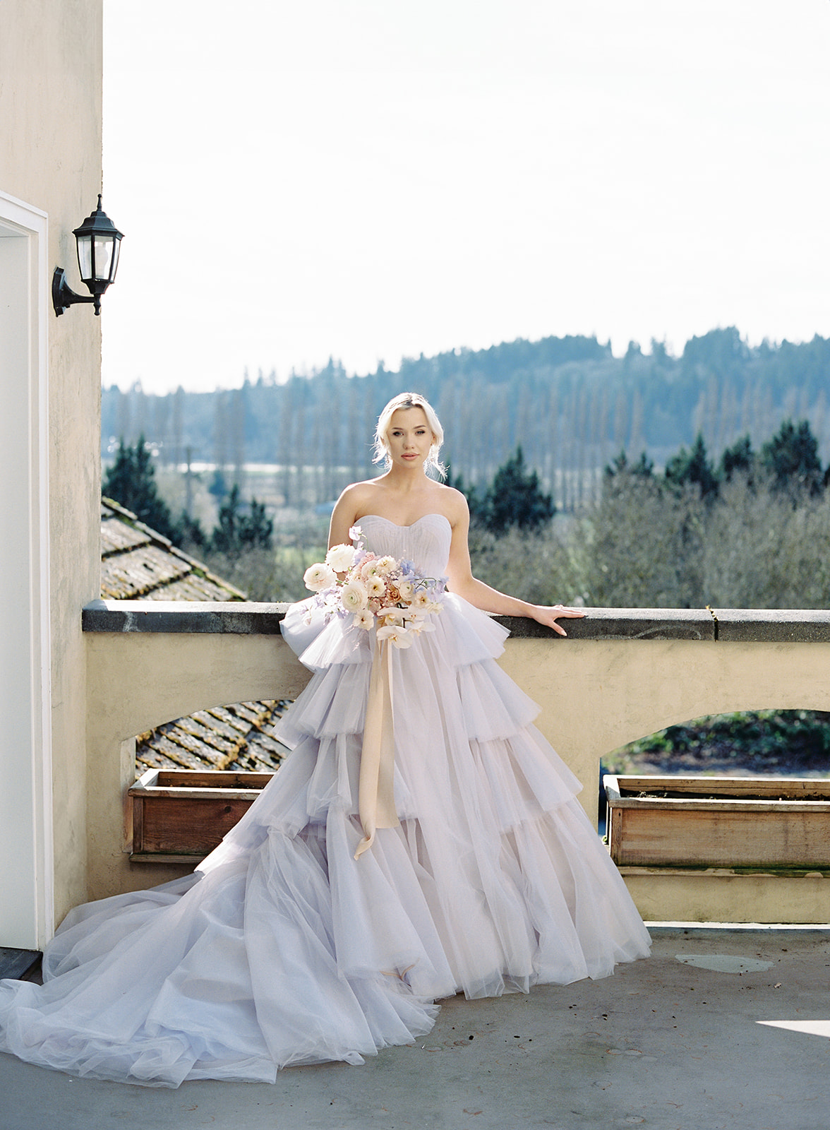 lavender tiered tulle wedding ballgown