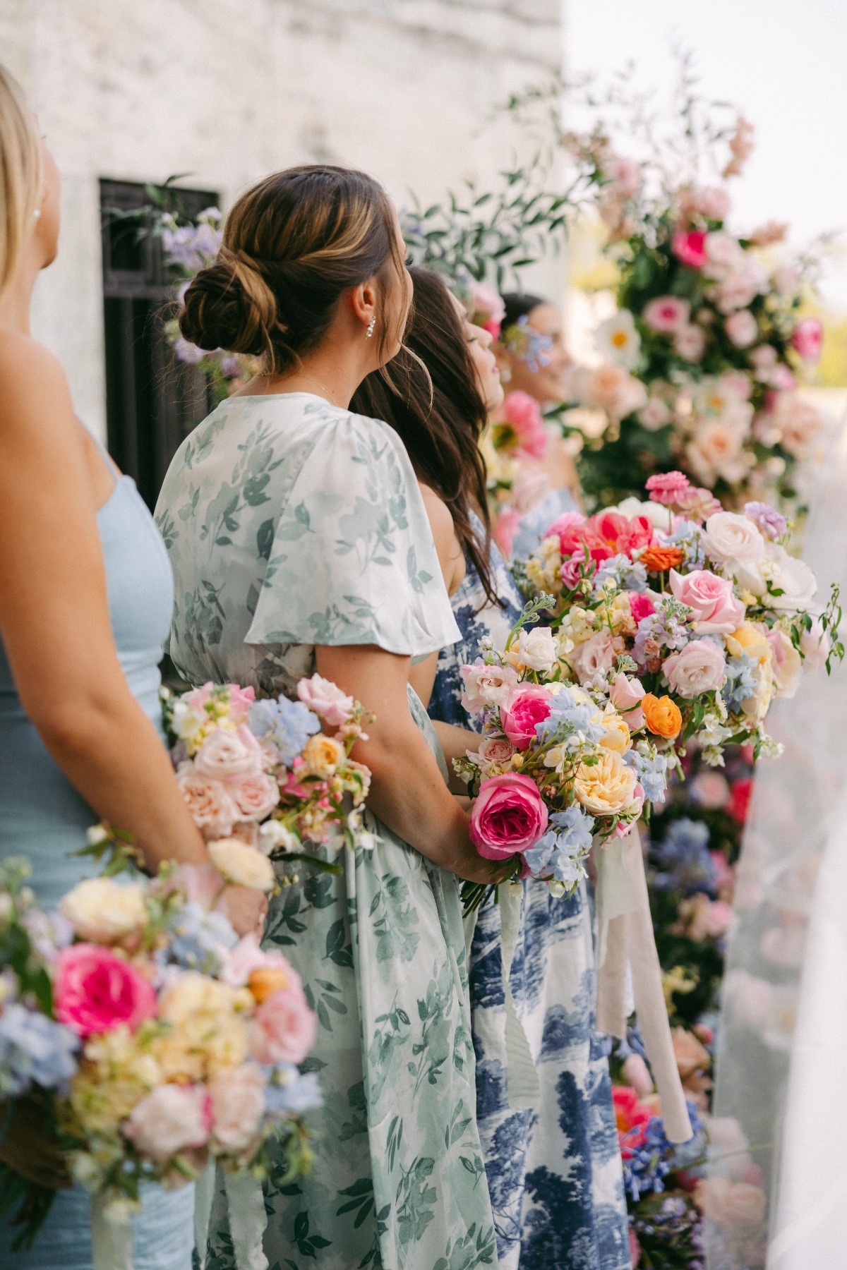 multicolored printed bridesmaid dresses