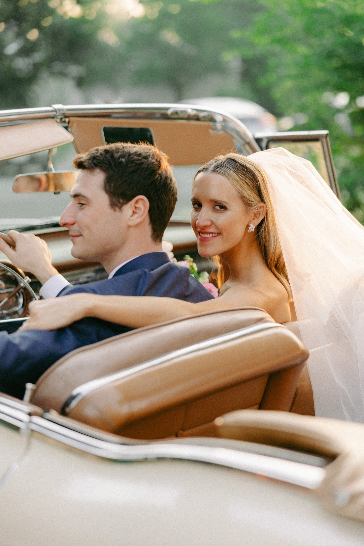 vintage cream getaway car for wedding