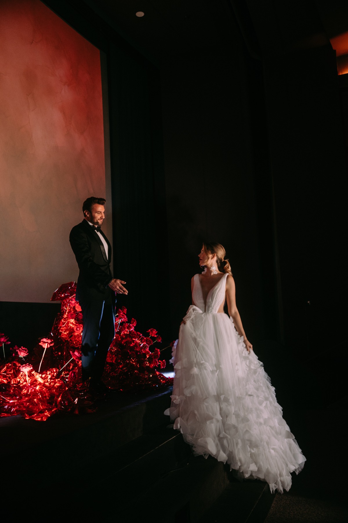 asymmetrical red rose installation